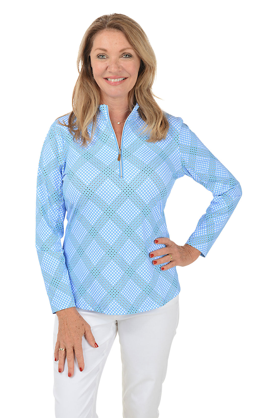 Diagonal Gingham Mock Neck UPF50+ Sun Protection Top for Women - Perfect for Beach, Pool & Outdoor Activities