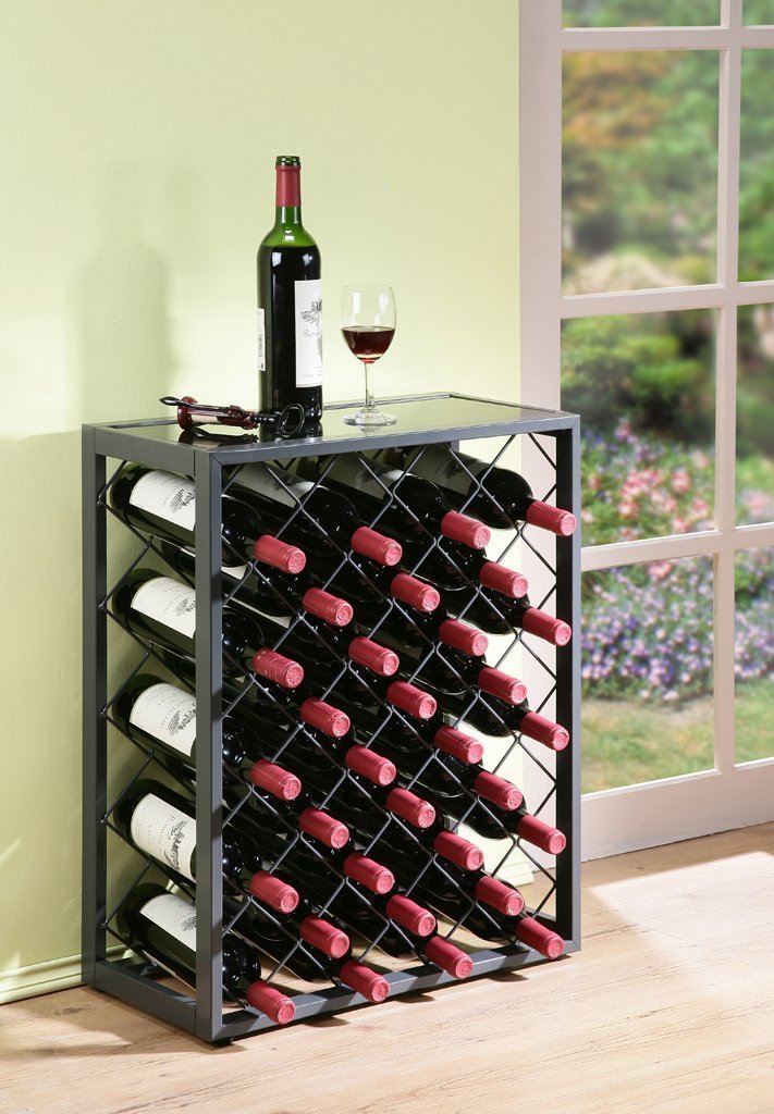 Premium 32-Bottle Mango Wood Wine Rack with Tempered Glass Top Shelf - Freestanding Wine Storage for Home, Kitchen, Bar & Dining Room - Perfect for Wine Cellars, Entertaining & Displaying Your Collection