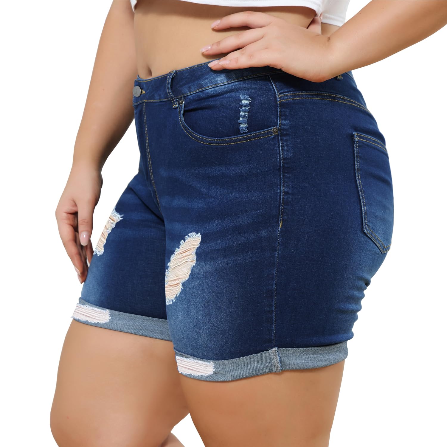 **Sghenr Plus Size Women's Ripped Denim Shorts – High Waisted Stretchy Jean Shorts with Folded Hem for Casual & Summer Outfits**