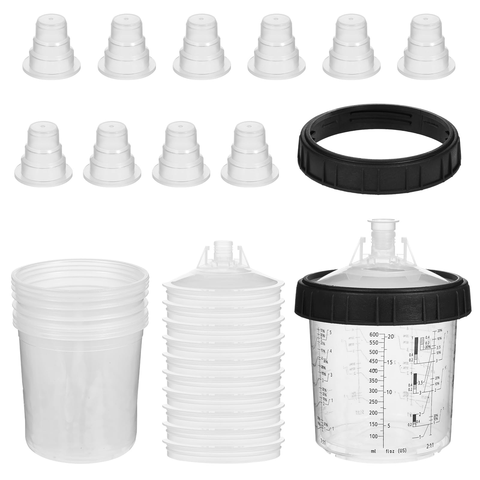 10 Pack 20oz (600ml) Paint Spray Gun Cups with Lids & Strainers - Includes 10 Disposable Liners, 1 Hard Cup with Retainer Ring & 10 Plugs - Perfect for Automotive, Woodworking & DIY Spray Painting Projects