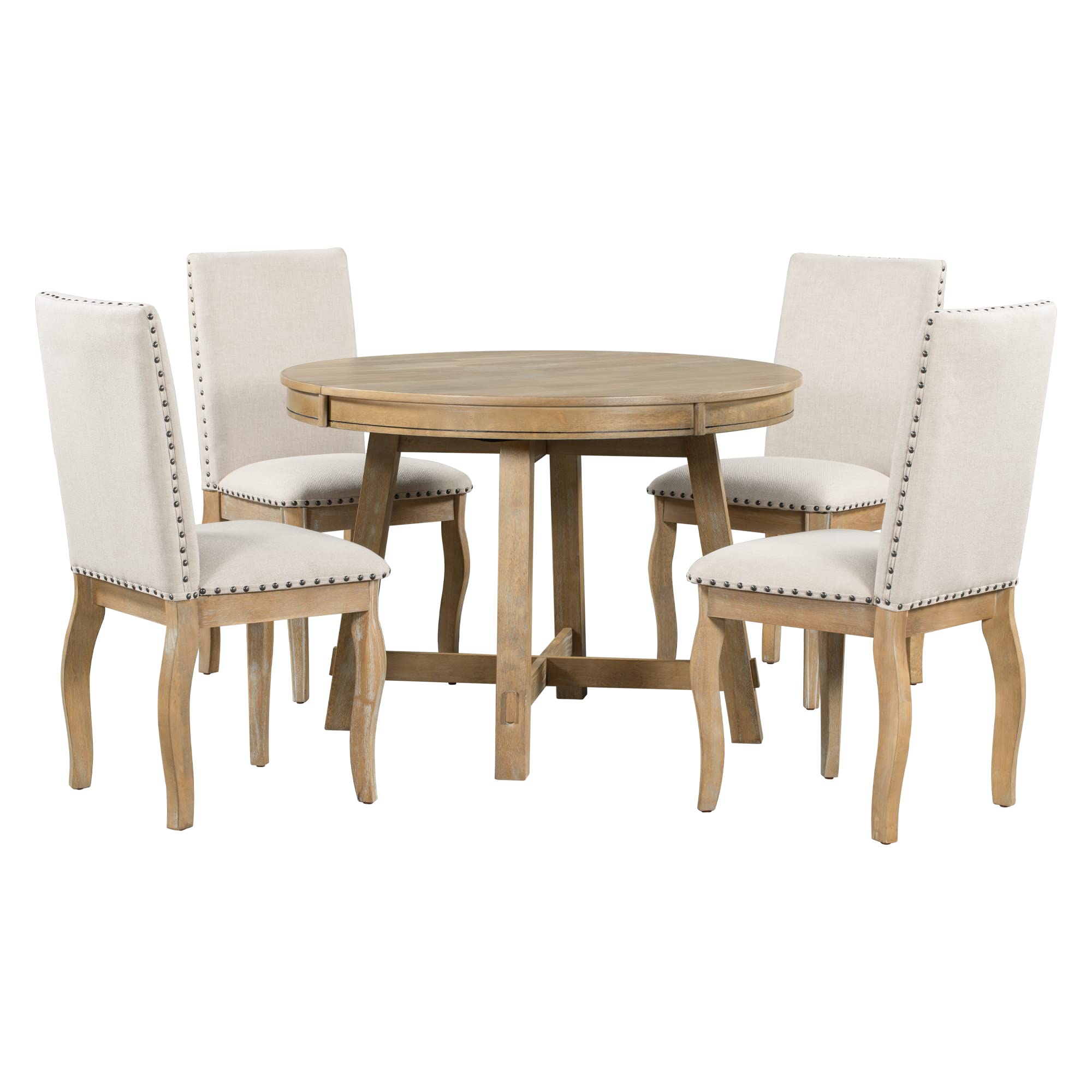 5-Piece Extendable Round Dining Table Set with 4 Upholstered Chairs - Farmhouse Retro Style Wooden Table for 4-6 People - Natural Wood Finish - Perfect for Small Kitchens, Dining Rooms & Cozy Family Gatherings