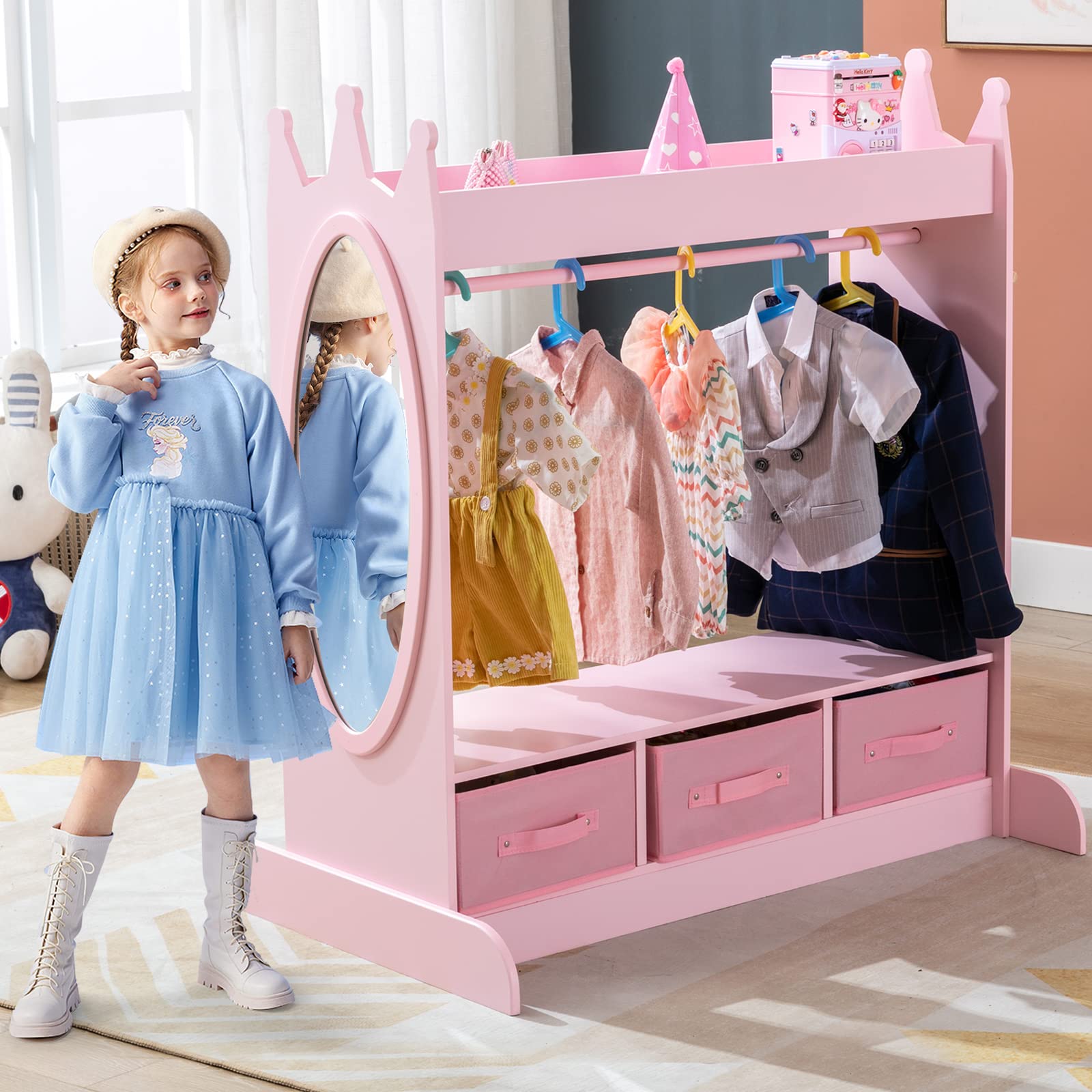 Kids Armoire Dress-Up Storage with Mirror and Drawers - Pink Costume Wardrobe Closet for Girls Room | Pretend Play Organizer with Side Pockets & Shoe Storage | Perfect for Bedroom Decor, Toy Organization & Dress-Up Play