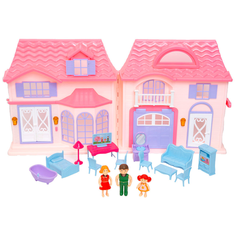 Boley Pink & Purple Doll House Playset - 16pc with 3 Family Dolls for Kids Ages 3+ | Pretend Play, Role Playing & Imaginative Fun for Toddlers & Preschoolers