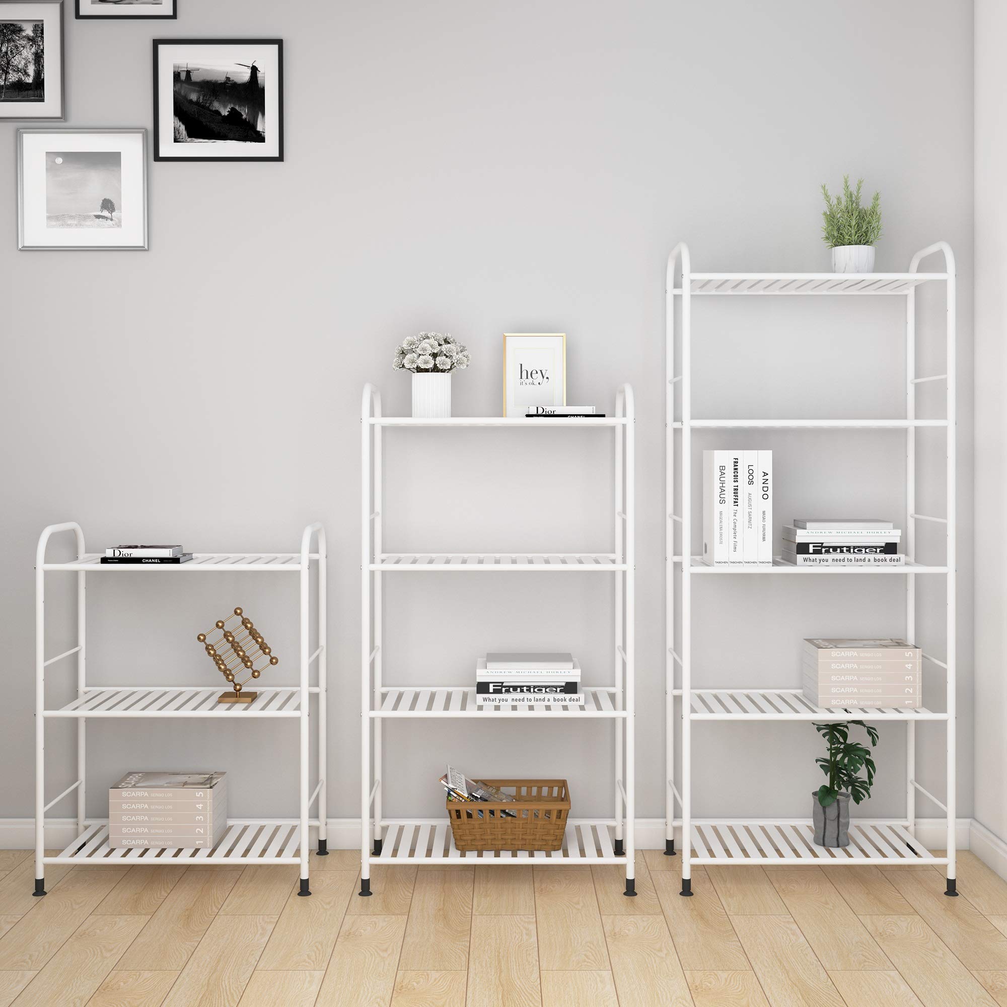 JSB 4-Tier Adjustable Metal Shelving Unit - Heavy Duty Storage Rack Organizer for Kitchen, Living Room, Laundry, Pantry & Bathroom - White Corner Shelf (Perfect for Small Spaces, Closet Organization & Home Storage Solutions)