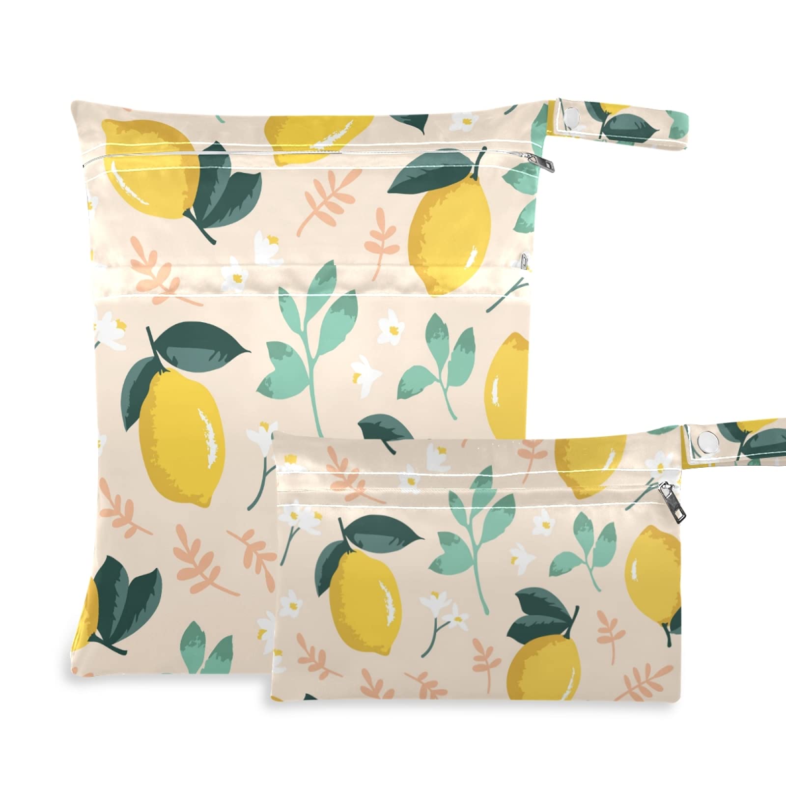 Handmade Watercolor Lemon Print Wet Dry Bag - 2 Pack Waterproof Reusable Diaper Storage & Travel Organizer with Dual Zippers | Perfect for Beach, Swimming, Summer Camp & Baby Essentials