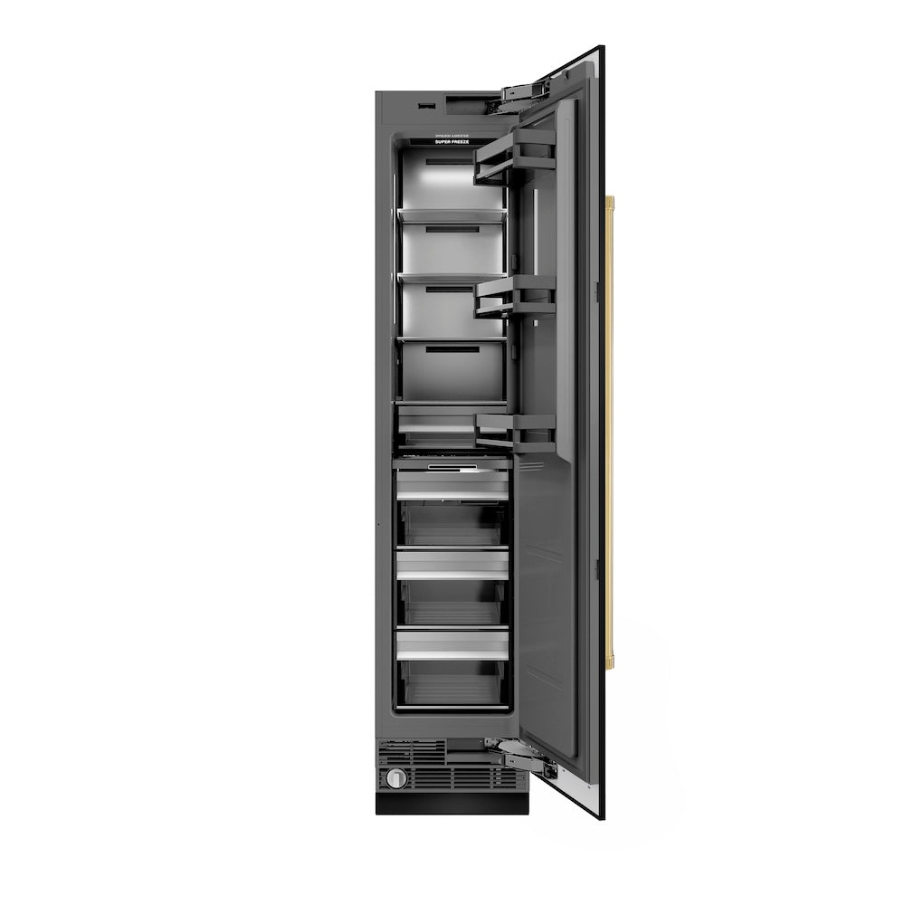 ZLINE Autograph Edition 18 Inch 8.6 cu ft Right Hinge Column Freezer - Black Stainless Steel with Graphite Gray Interior & Polished Gold Accents (RCFVRZ BS 18 G) - Perfect for Home Kitchen, Basement, Garage or Commercial Use
