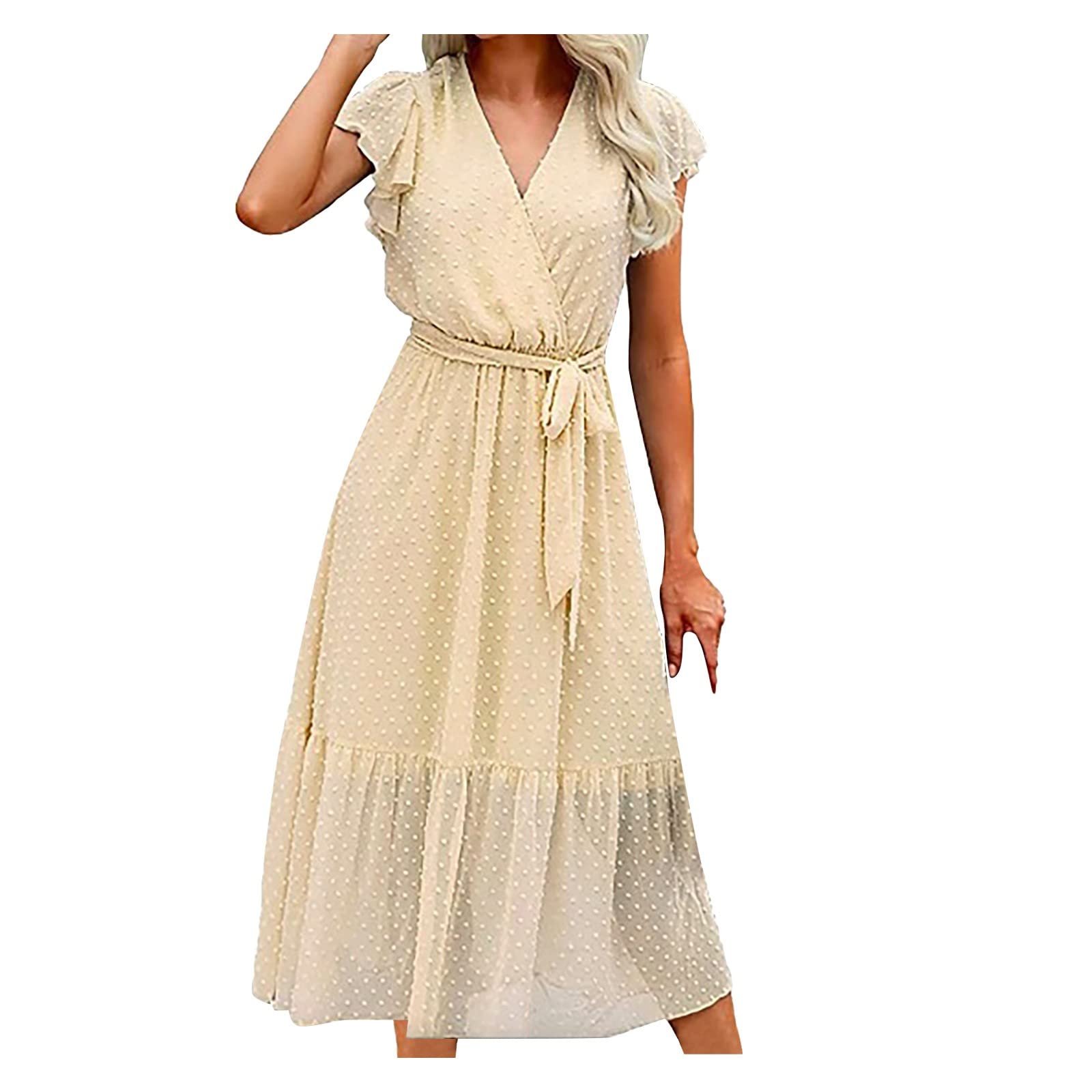 Elegant Women's V-Neck Chiffon Party Dress with Ruffles - Solid Color Floral Print Summer Spring Dress for Casual Wear, Wedding Guest, Cocktail Party & Special Occasions