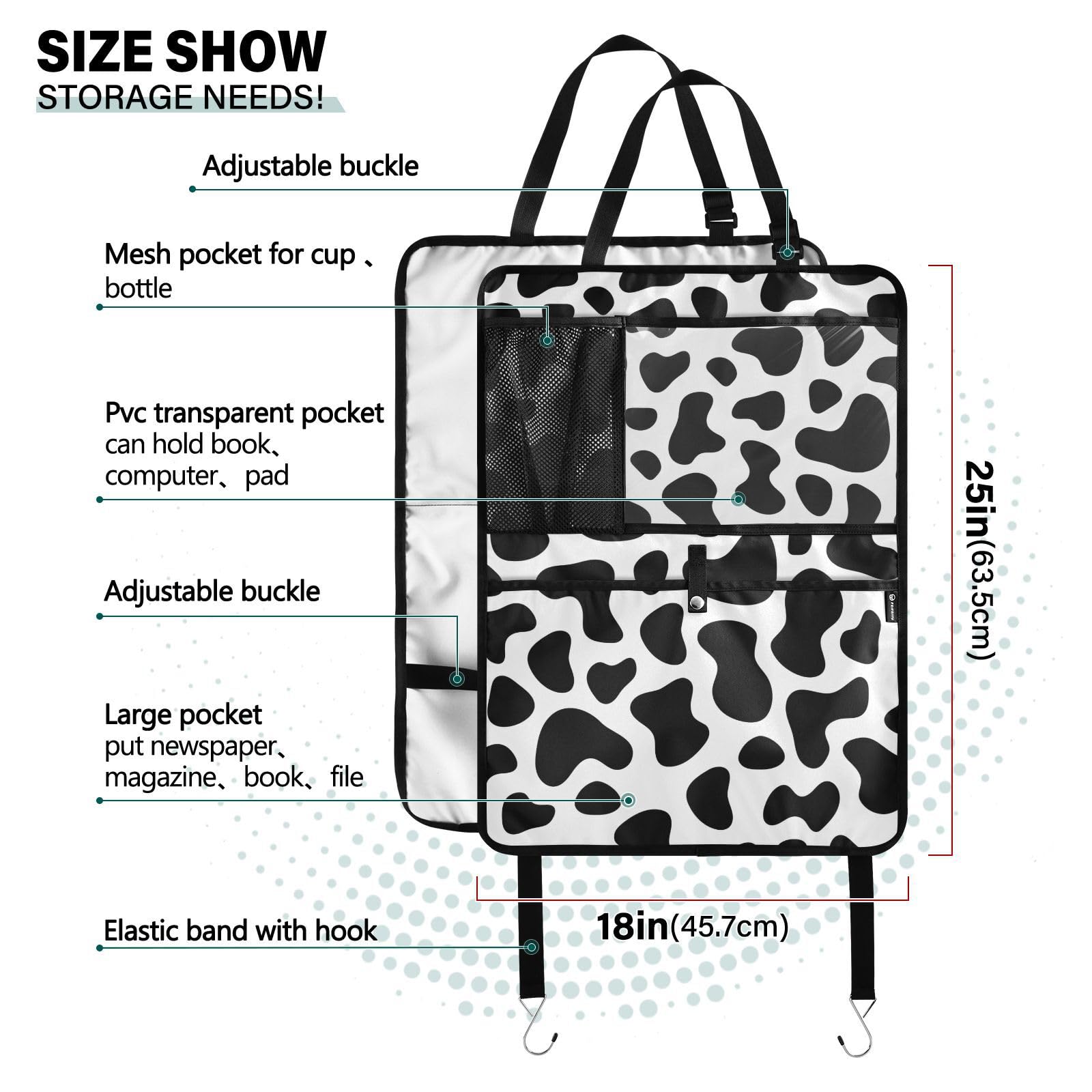 Aflyko Cow Print Car Seat Back Organizer - Black & White Kick Mat with Pockets, Backseat Protector, 1 Pack | Perfect for Travel, Road Trips & Family Car Rides