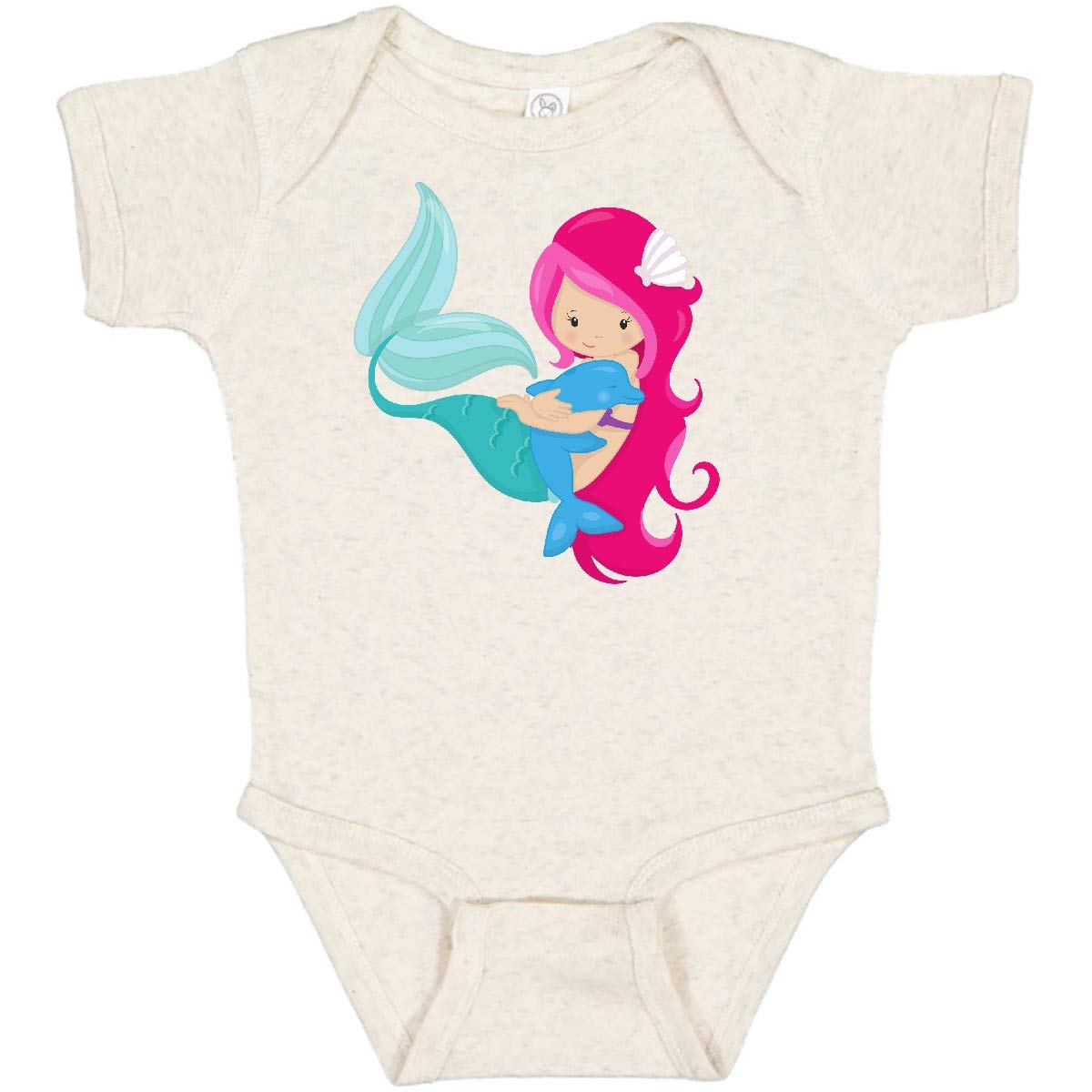Inktastic Cute Mermaid Baby Bodysuit - Little Mermaid with Pink Hair & Dolphin Design - Soft Cotton Infant Onesie for Girls, Newborn Photo Shoots & Beach Vacations