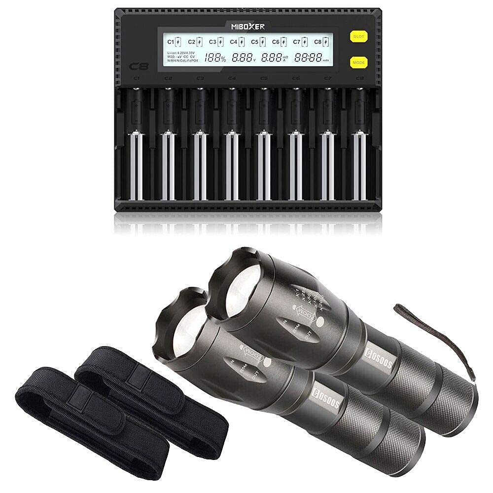 Rechargeable Battery Charger with 2 LED Flashlights & Holsters - Portable Emergency Lighting for Camping, Hiking, Power Outages & Outdoor Adventures