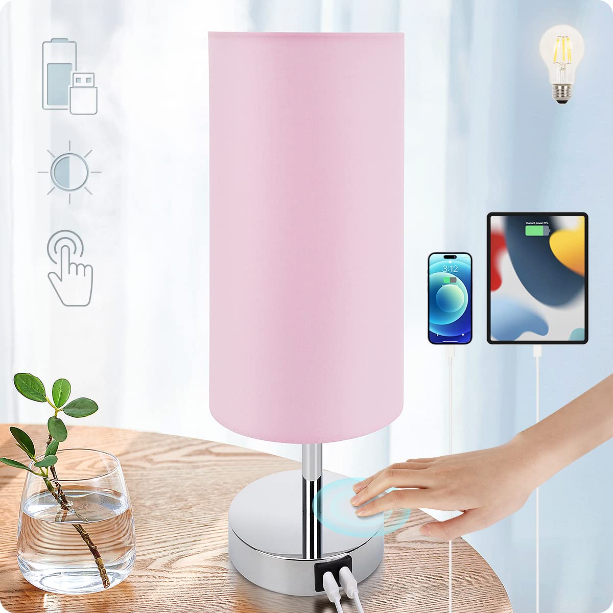 Yarra-Decor 3-Way Dimmable Touch Control Bedside Lamp with USB Port - Round Pink Fabric Shade Nightstand Lamp for Bedroom, Living Room, Dorm & Home Office (LED Bulb Included) | Perfect for Reading, Working & Creating Cozy Atmosphere