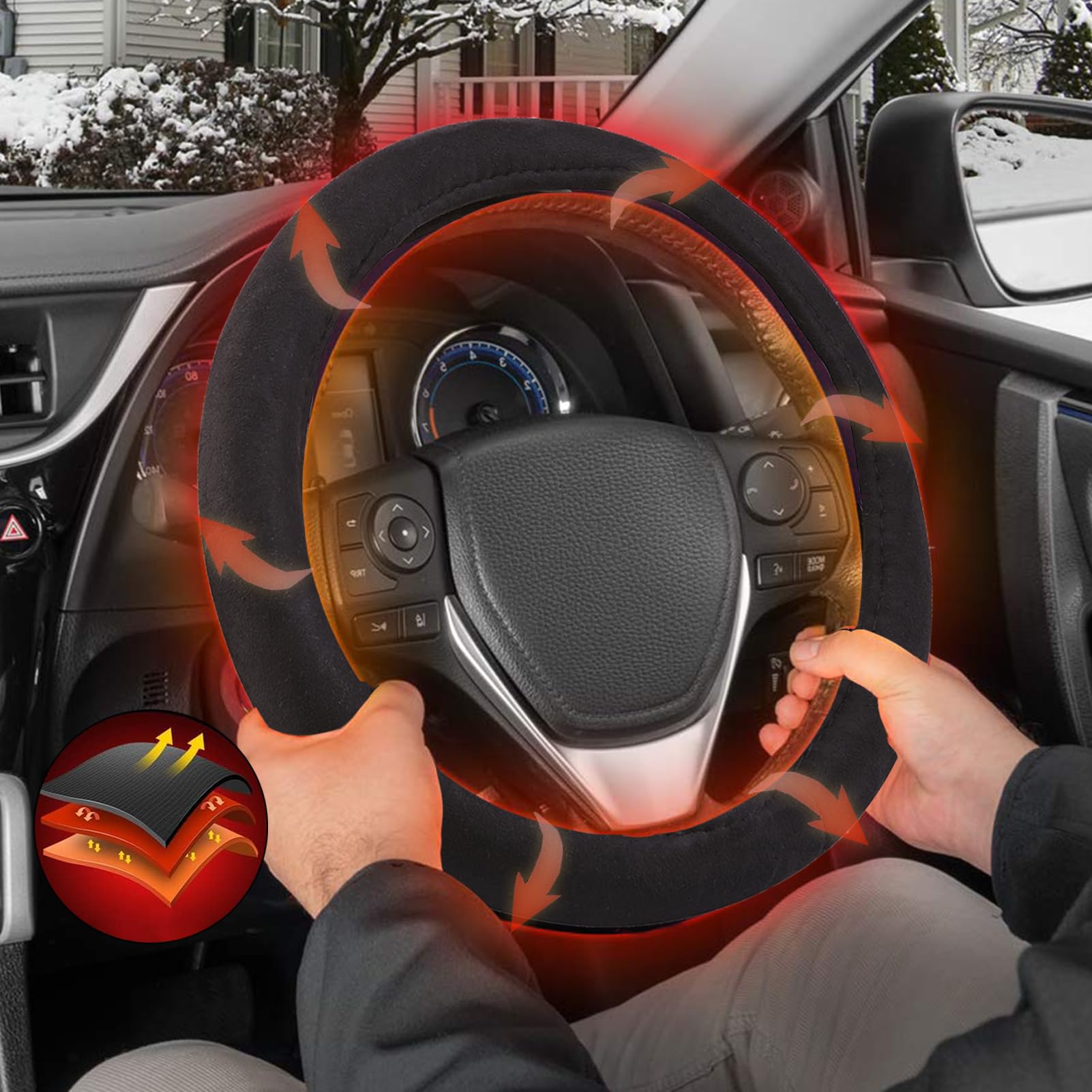 Upgraded Small Ant Heated Steering Wheel Cover - Universal 14.5-15 Inch 12V Car Hand Warmer for Winter Driving | Premium Comfort & Quick Heating | Perfect for Cold Mornings & Winter Commutes