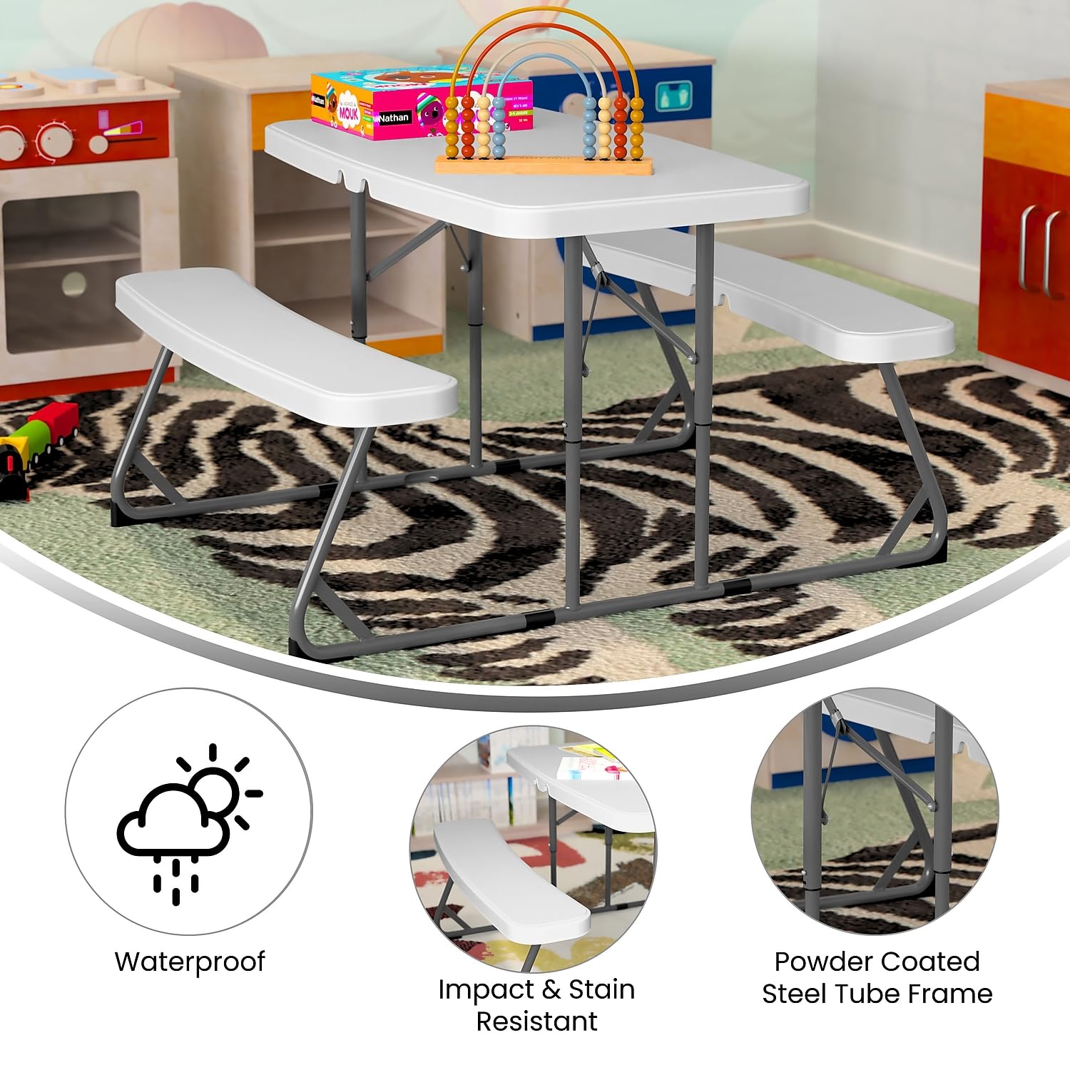 Flash Furniture Paige Easy-Fold Kids Outdoor Picnic Table and Benches Set - Durable Commercial-Grade Folding Plastic Play Table for Toddlers Ages 2-5 - White - Perfect for Daycare, Preschool, Backyard, and Park Use