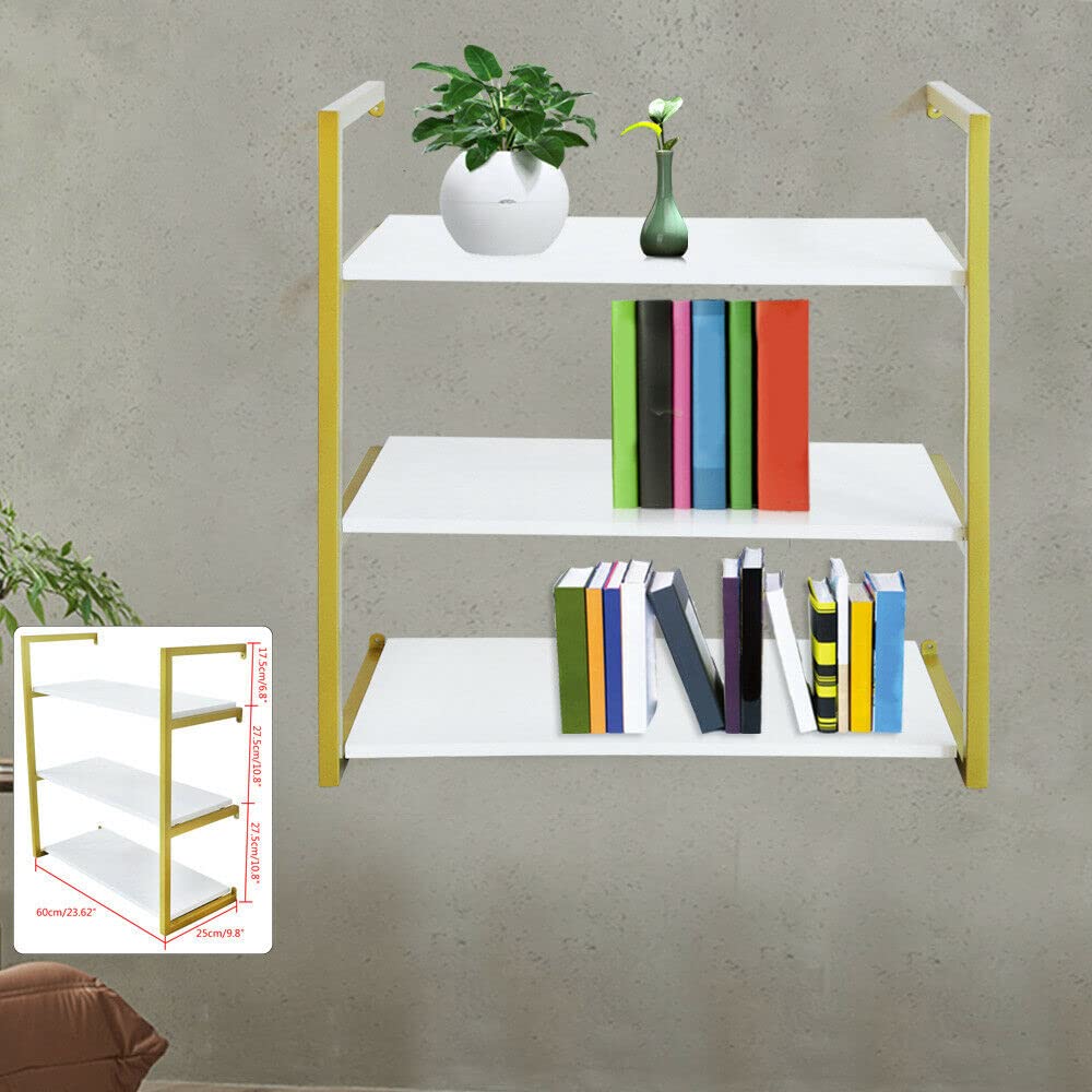 TFCFL 3-Tier Wall-Mounted Floating Shelves - Gold Metal & Wooden Board Storage Rack for Books, Decor & Organizing | Perfect for Kitchen, Study, Living Room, Bedroom & Bathroom Storage Solutions