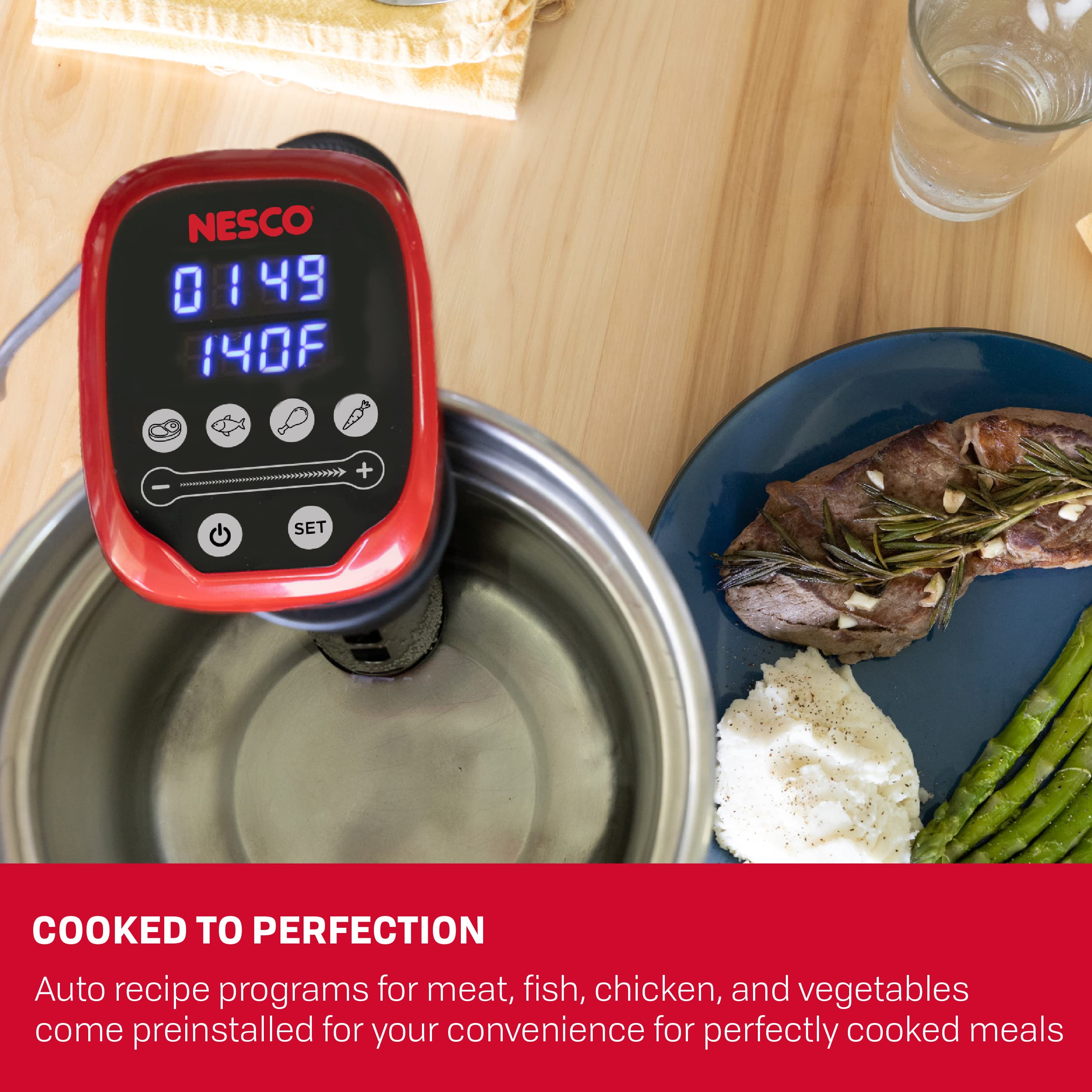 Nesco SVC-1000 Sous Vide Precision Cooker - 1000W Digital Immersion Circulator with LED Display & 10 Preset Programs for Perfect Steak, Salmon, Chicken Breast & Vegetables (Red & Black) - Ideal for Home Chefs, Meal Prep & Restaurant-Style Cooking