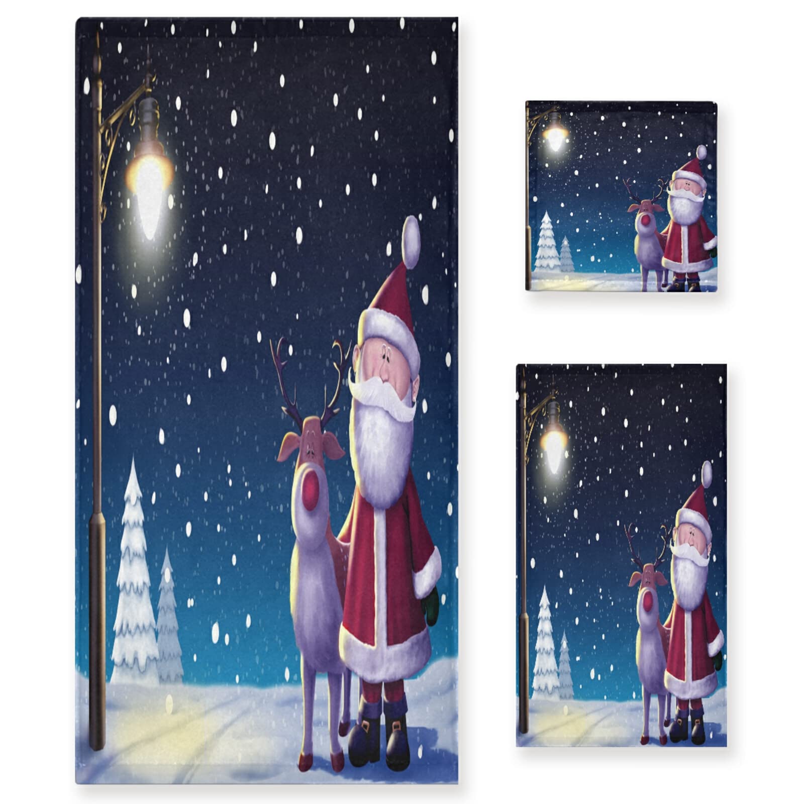 Christmas Bathroom Decorative Towel Set with Santa and Reindeer Pattern - 3-Piece Set (Bath Towel, Hand Towel & Washcloth) for Holiday Home Decor and Festive Gift Giving