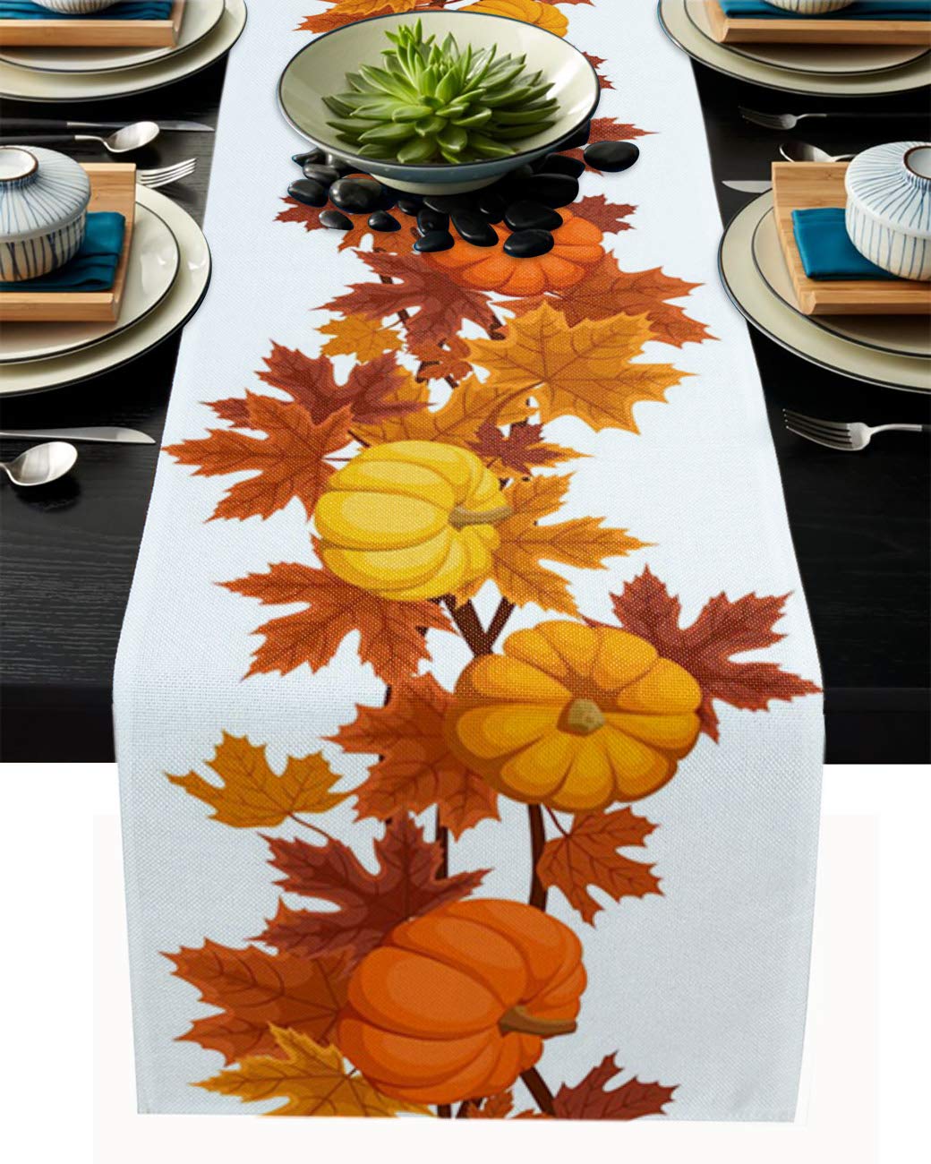 Maple Leaf Pumpkin Cotton Table Runner - 13x70 Inch Fall Dining & Coffee Table Decor for Thanksgiving, Wedding, Party | Indoor & Outdoor Home Kitchen Decorative Linens | Perfect for Holiday Gatherings & Seasonal Celebrations