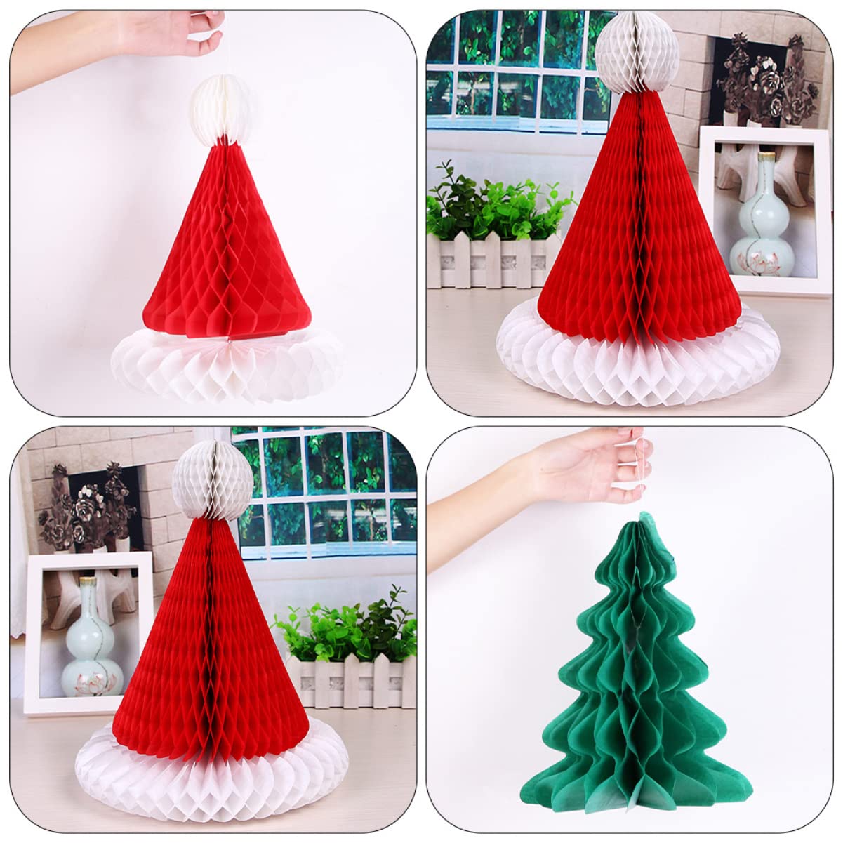 12 Pcs Christmas Honeycomb Tissue Paper Ornaments - Santa Hats & Tree Decorations for Holiday Party, Home, Office & Gift Wrapping | Festive DIY Xmas Craft Supplies