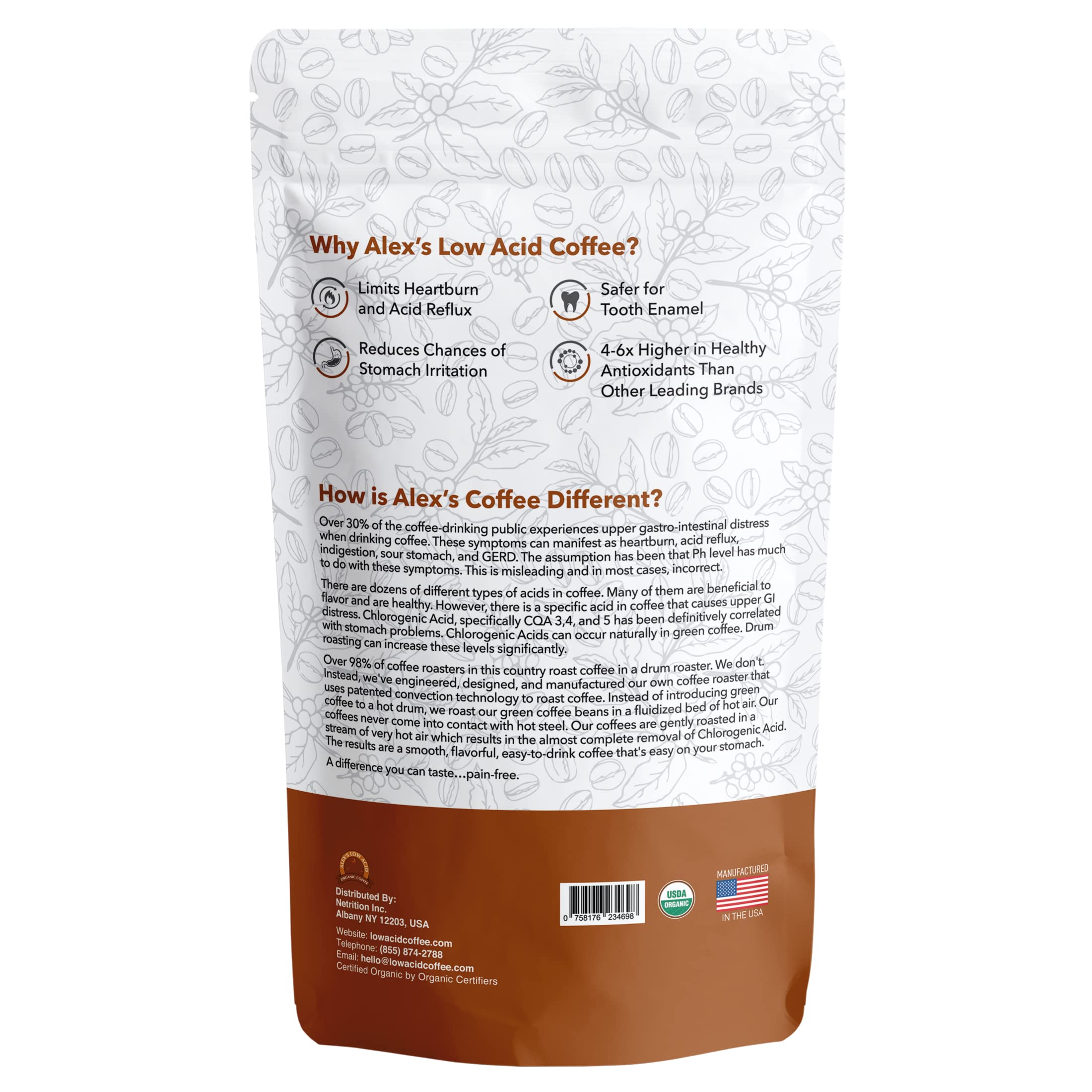 Organic Low Acid Coffee Beans - 12oz French Roast Ground Coffee (Pack of 6) | Fresh & Smooth Flavor for Sensitive Stomachs | Perfect for Morning Brew, Office & Camping