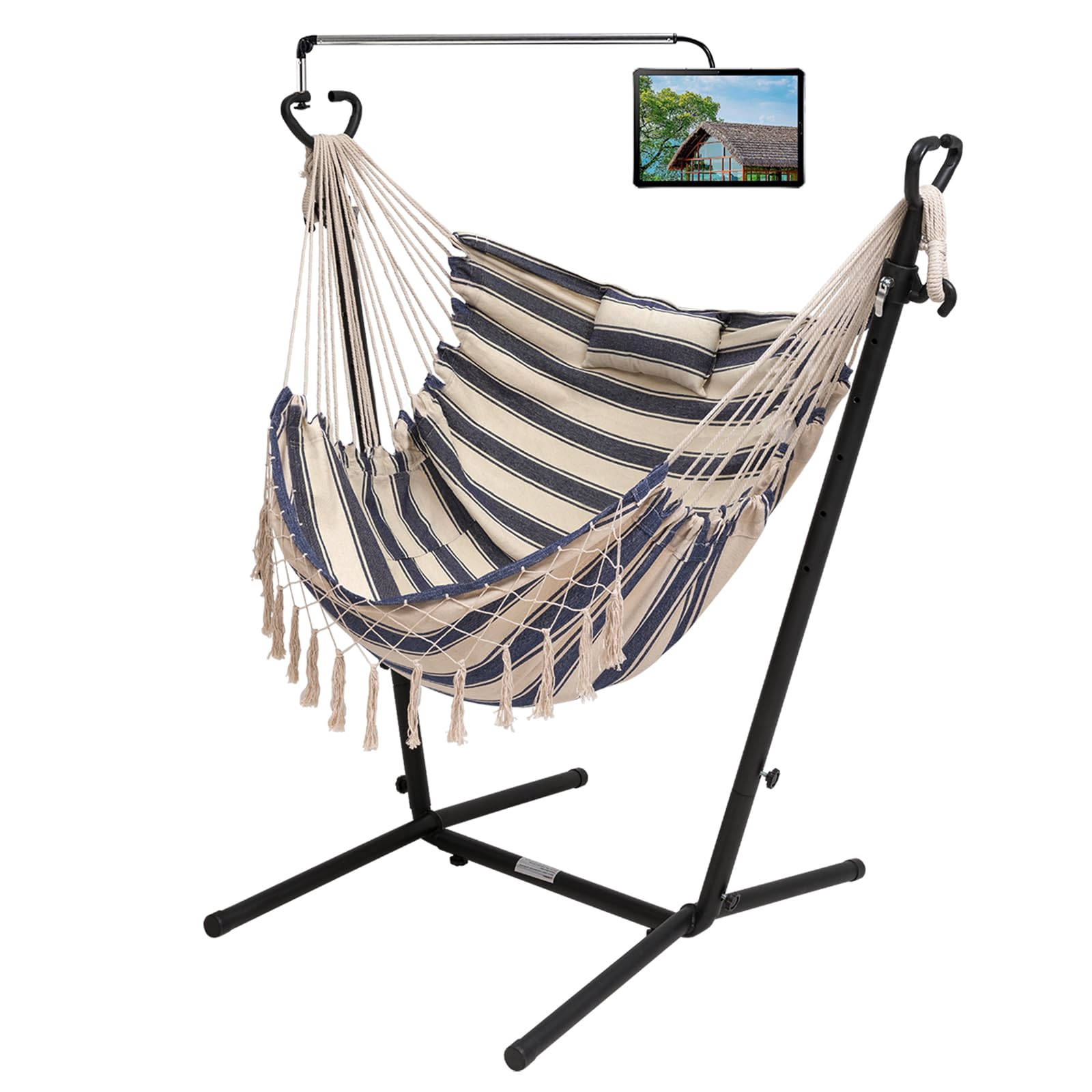 LUCKWIND Adjustable Hammock Chair with Stand - 400 LBS Capacity Heavy Duty Swing Chair for Indoor & Outdoor Use, Includes Phone/Pad Holder - Perfect for Relaxing in Backyard, Patio or Bedroom (Blue)