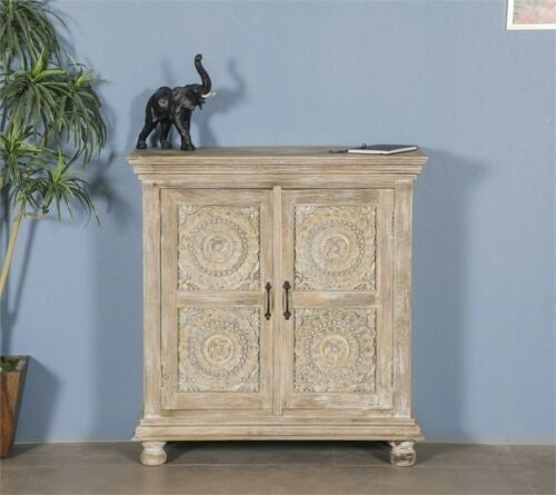 Hand Carved Solid Wood Sideboard with Floral Design - Whitewashed Finish | Perfect for Farmhouse, Rustic & Vintage Home Decor