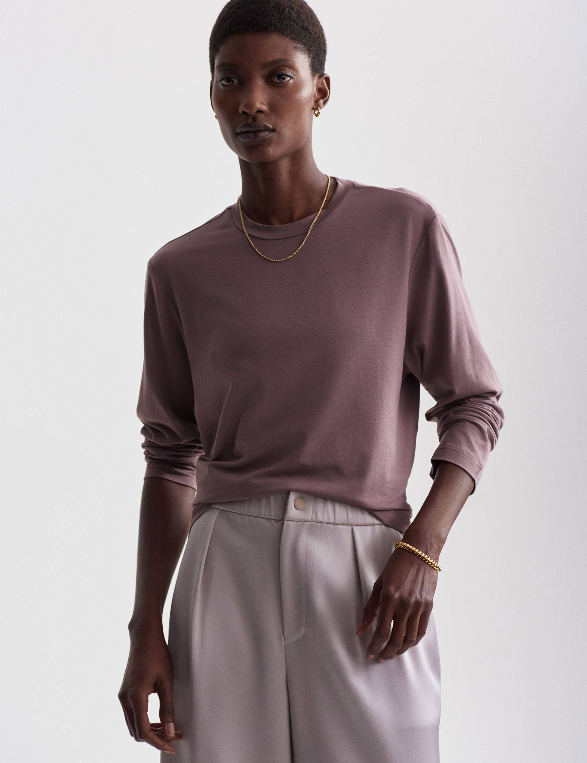 Leah Long Sleeve Boyfriend T-Shirt for Women - Soft Cotton Oversized Relaxed Fit Tee in Deep Taupe | Casual Wear, Layering & Everyday Comfort