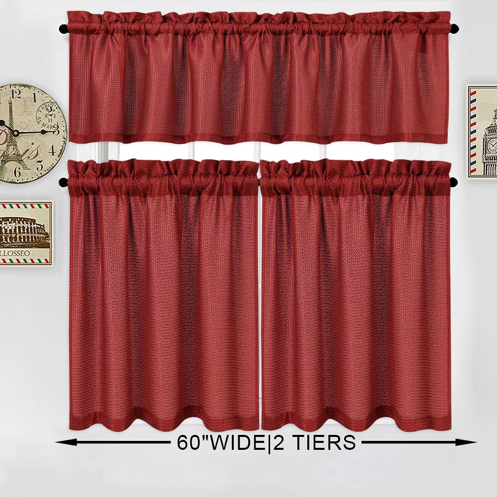 Waffle Weave Kitchen Curtains 30x45 Inches - Set of 2 Burgundy Window Drapes for Small Windows in Kitchen, Bathroom, Basement & Bedroom - Casual Textured Home Decor for Cozy Spaces