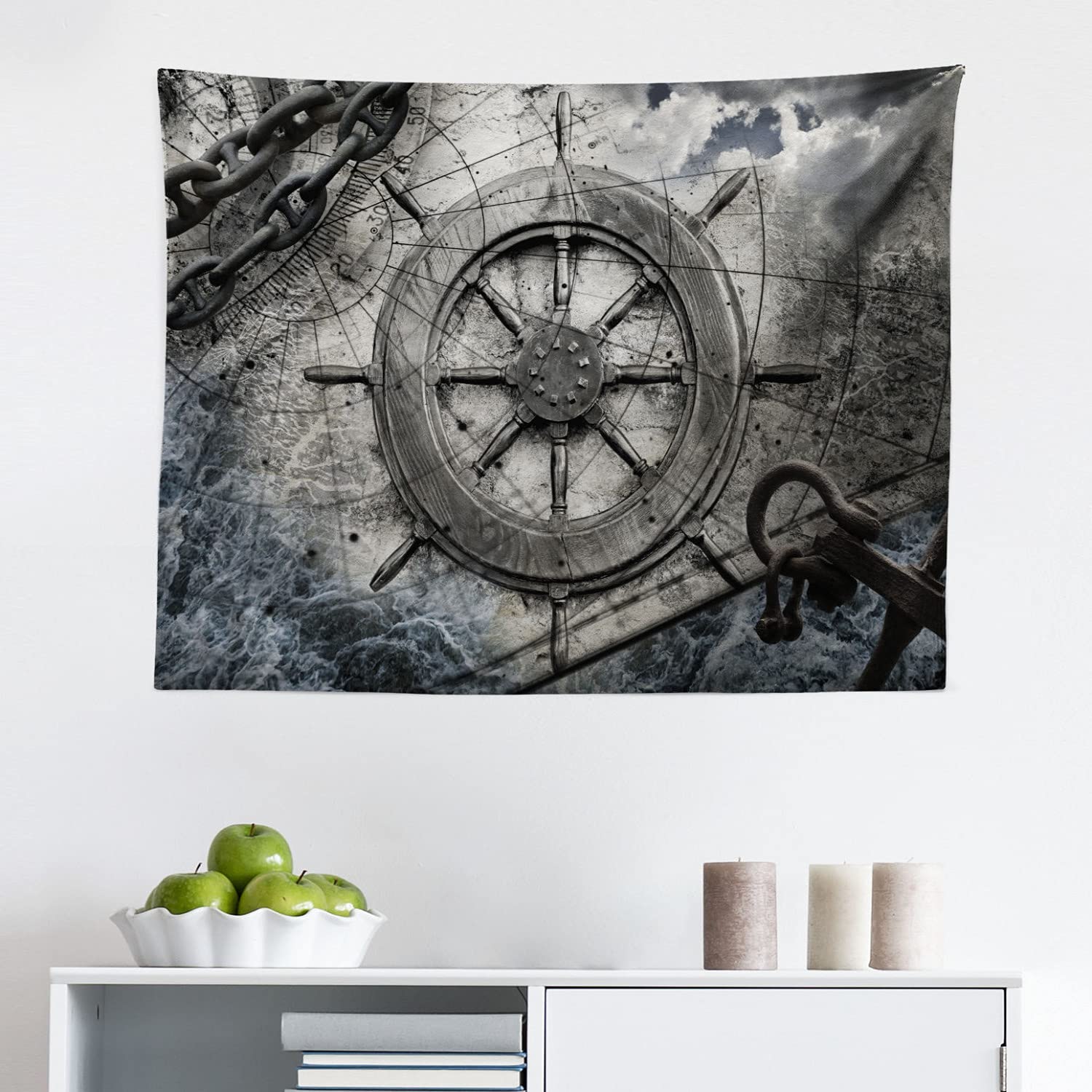 Ambesonne Nautical Ships Wheel Tapestry - Vintage Navigation Decor with Steering Helm, Anchor Chains & Charts - 28x23 Inch Charcoal Grey Fabric Wall Hanging for Bedroom, Living Room, Dorm (Perfect for Coastal, Beach House or Sailor Theme Decor)