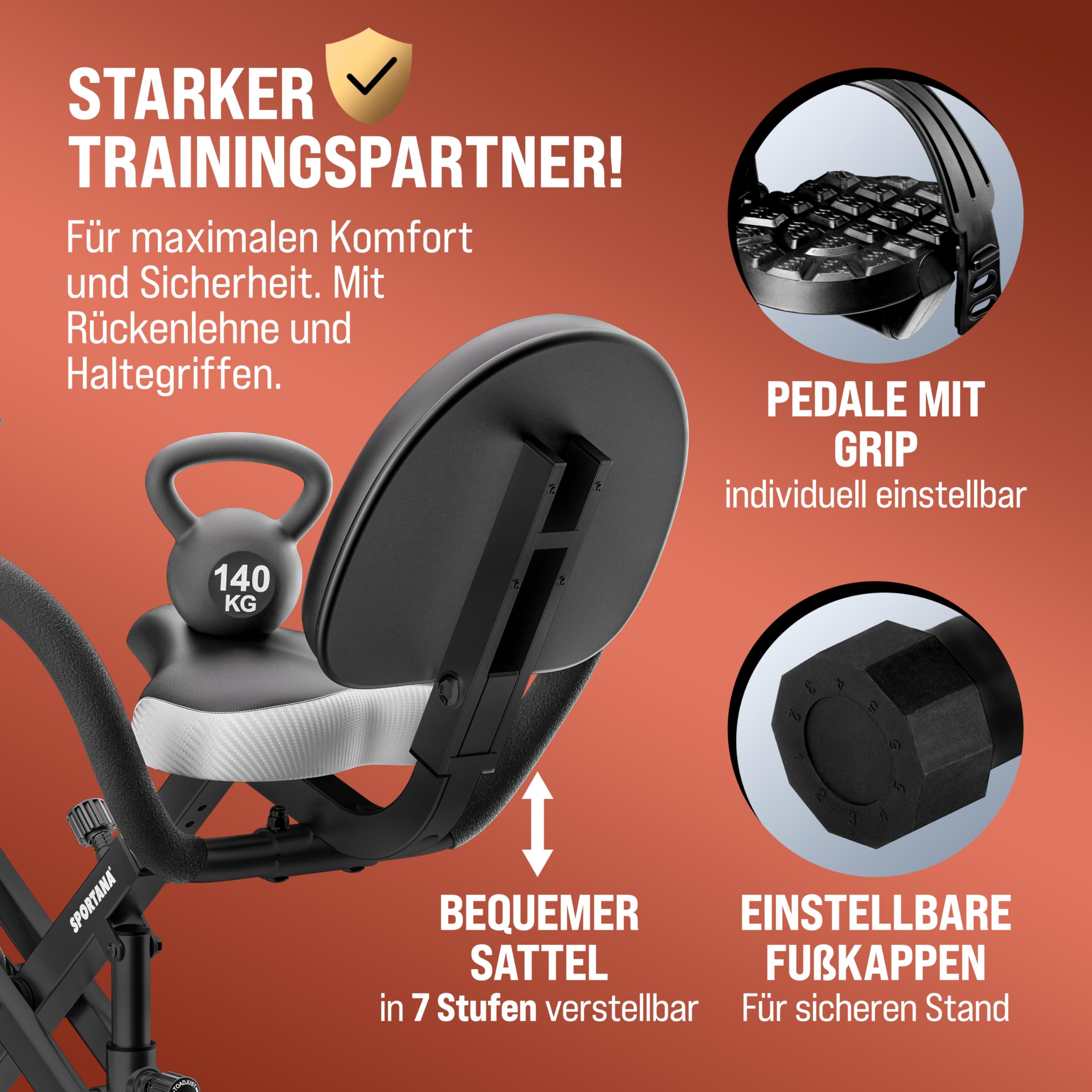 SPORTANA® Foldable Exercise Bike for Home Gym - 140KG Weight Capacity, 7 Seat Heights, LCD Display, Training APP, 2 Resistance Bands - 4-in-1 Cardio Machine for Indoor Cycling & Full-Body Workout (Ideal for Small Spaces, Home Fitness & Apartment Workouts)