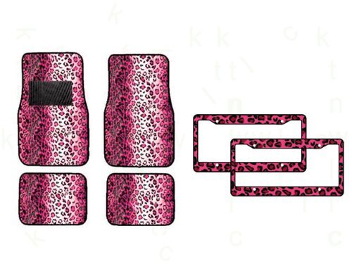 6-Piece Leopard Print Car Accessories Set - 4 Universal Fit Pink Leopard Car Floor Mats & 2 Matching License Plate Frames | Animal Print Auto Interior Upgrade for Cars & Trucks | Perfect Gift for Women, Car Enthusiasts & Leopard Lovers