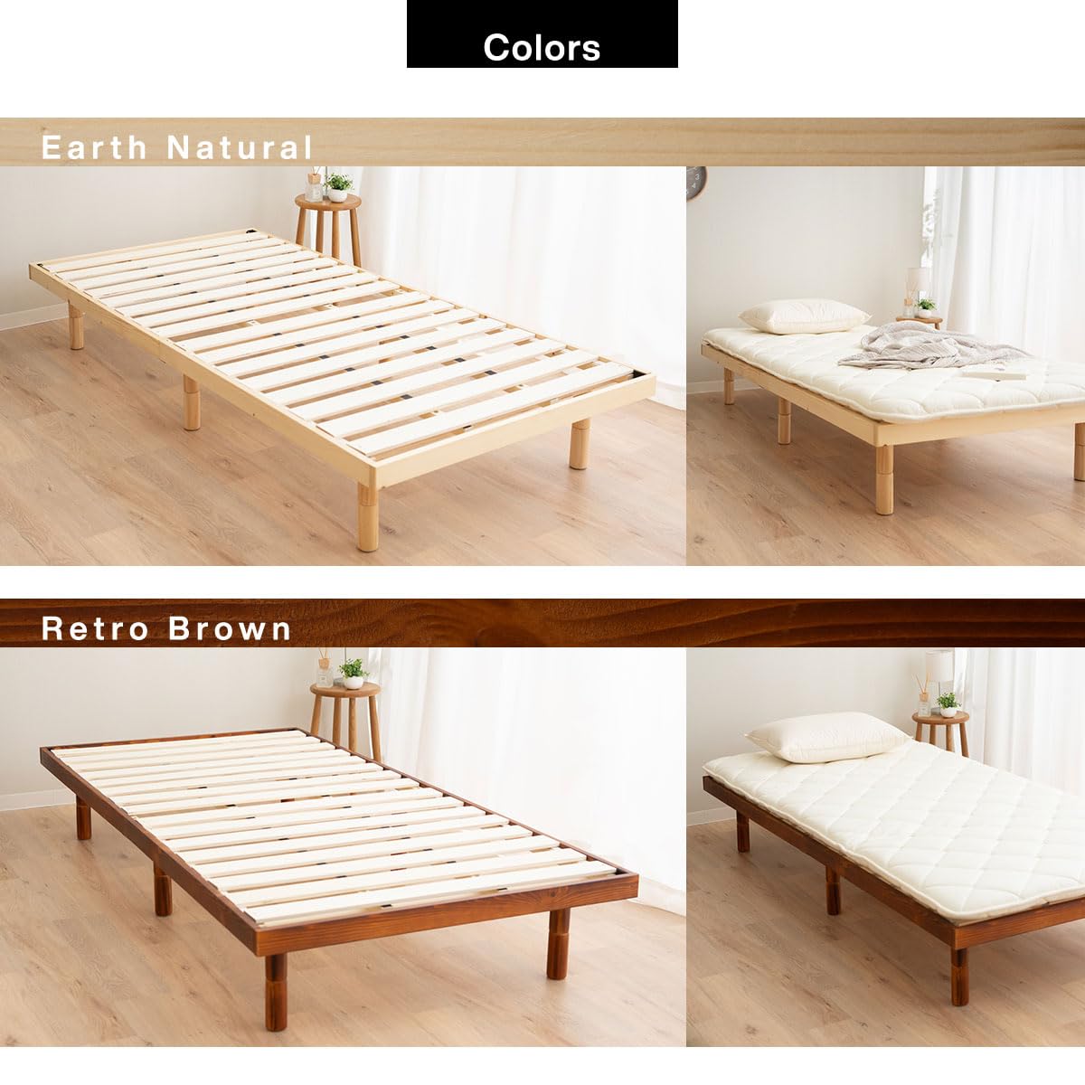 EMOOR Adjustable Wood Slatted Low Bed Frame for Japanese Futon Mattress - Twin Size, Retro-Brown (2/7/12 Inch Height Options) | Perfect for Minimalist Bedrooms, Small Spaces & Tatami Mat Compatibility