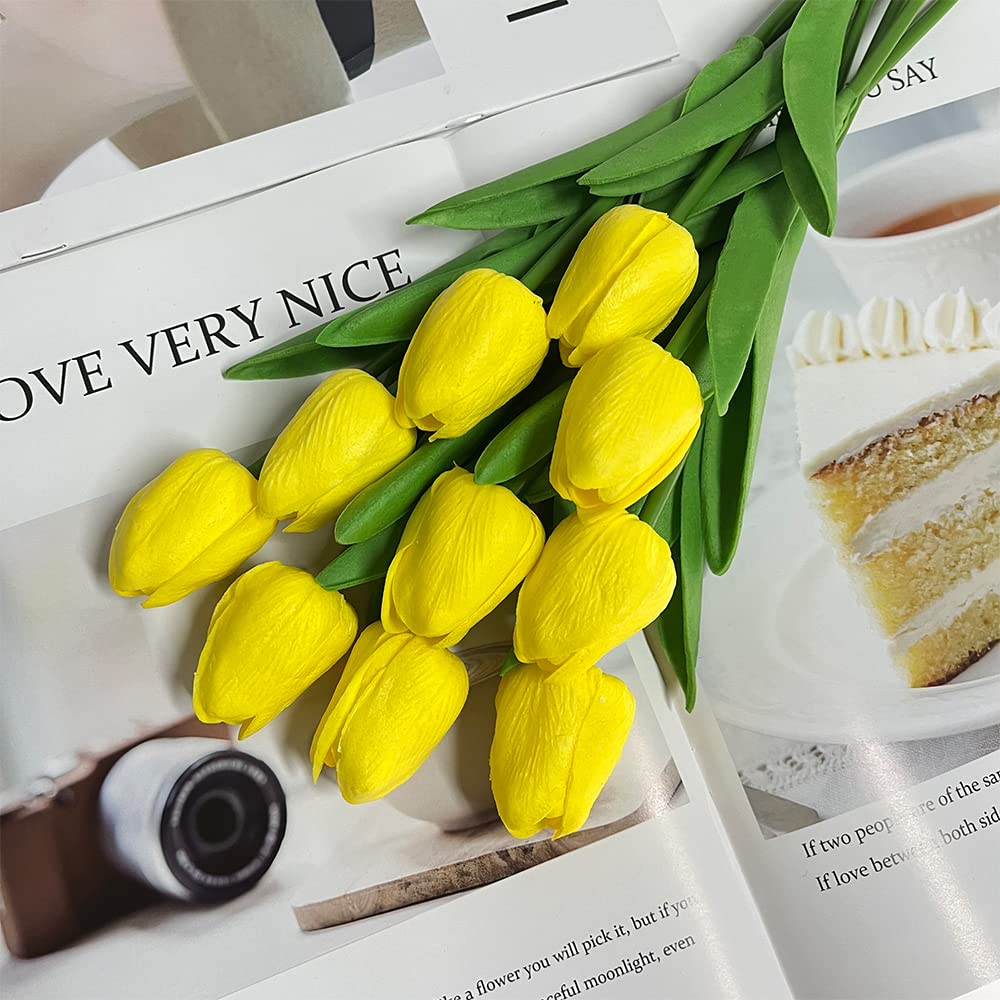 10 Pcs Realistic PU Touch Tulips Artificial Flowers - Yellow Fake Tulip Bouquets for Home, Office, Wedding Decor | Perfect for Centerpieces, Table Arrangements & Spring Party Decorations