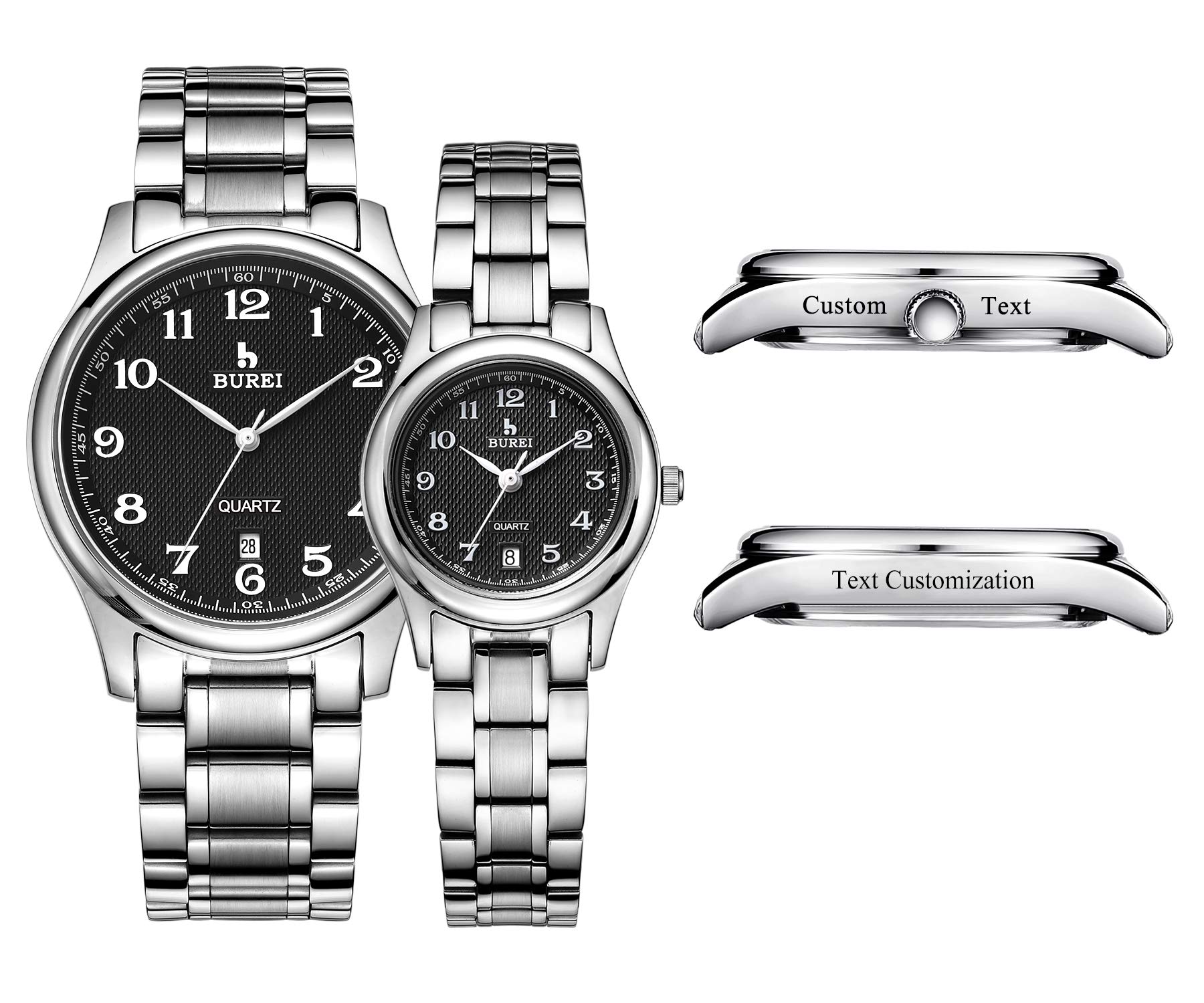 BUREI His and Her Custom Engraved Watches - Personalized Quartz Wristwatch with Arabic Numerals & Stainless Steel Band - Perfect Anniversary Gift for Couples, Wedding Present or Romantic Date Night Accessory