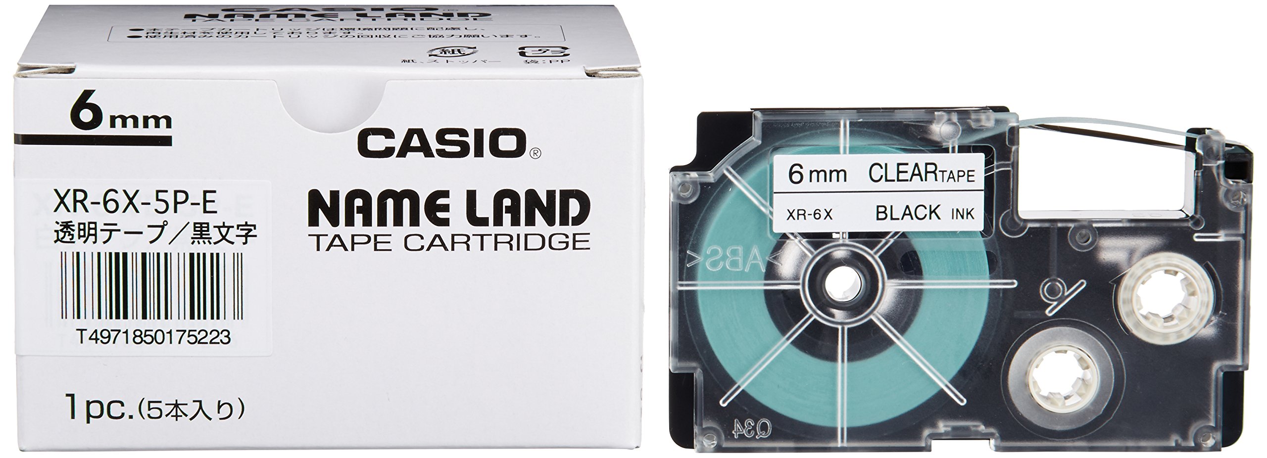 Casio XR-6X-5P-E Label Maker Tape - 0.2 Inch (6mm) Black Lettering on Clear Tape - 5 Pack - Perfect for Office Organization, Shipping Labels & Home Storage