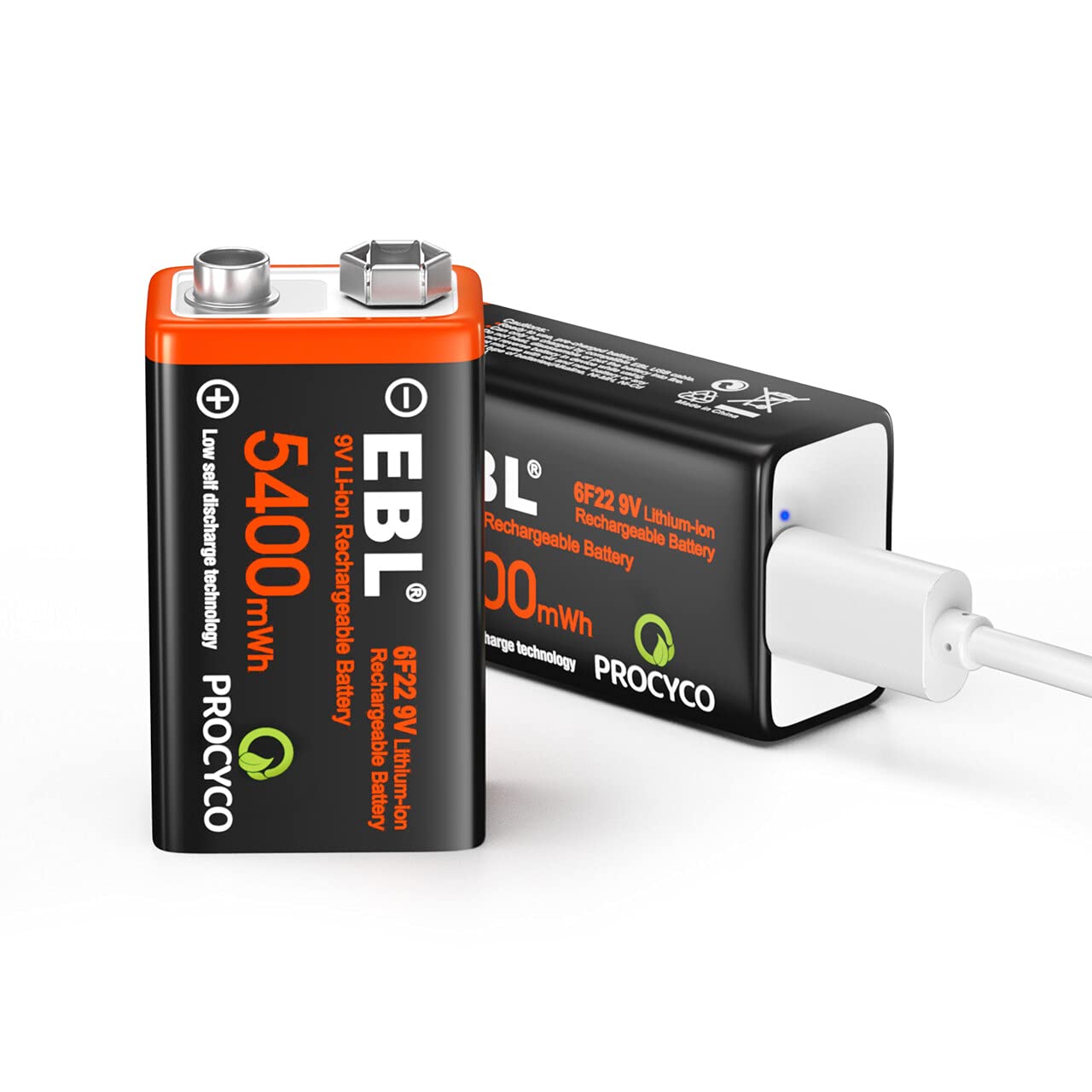 EBL USB Rechargeable 9V Lithium Battery 5400mWh with Charging Cable - High Capacity Long Lasting Power for Guitar Pedals, Smoke Detectors & Medical Devices