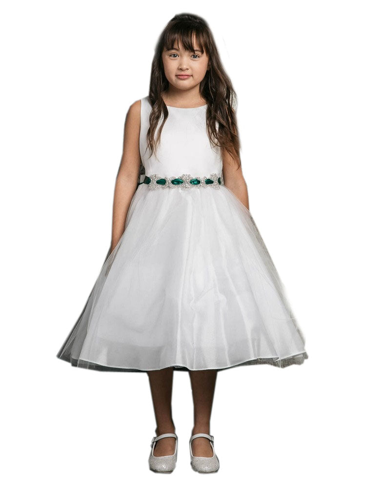 Elegant Ivory Emerald Rhinestone Satin Waist Sash Dress for Big Girls Size 8-16 | Perfect for Pageants, Prom & Special Occasions