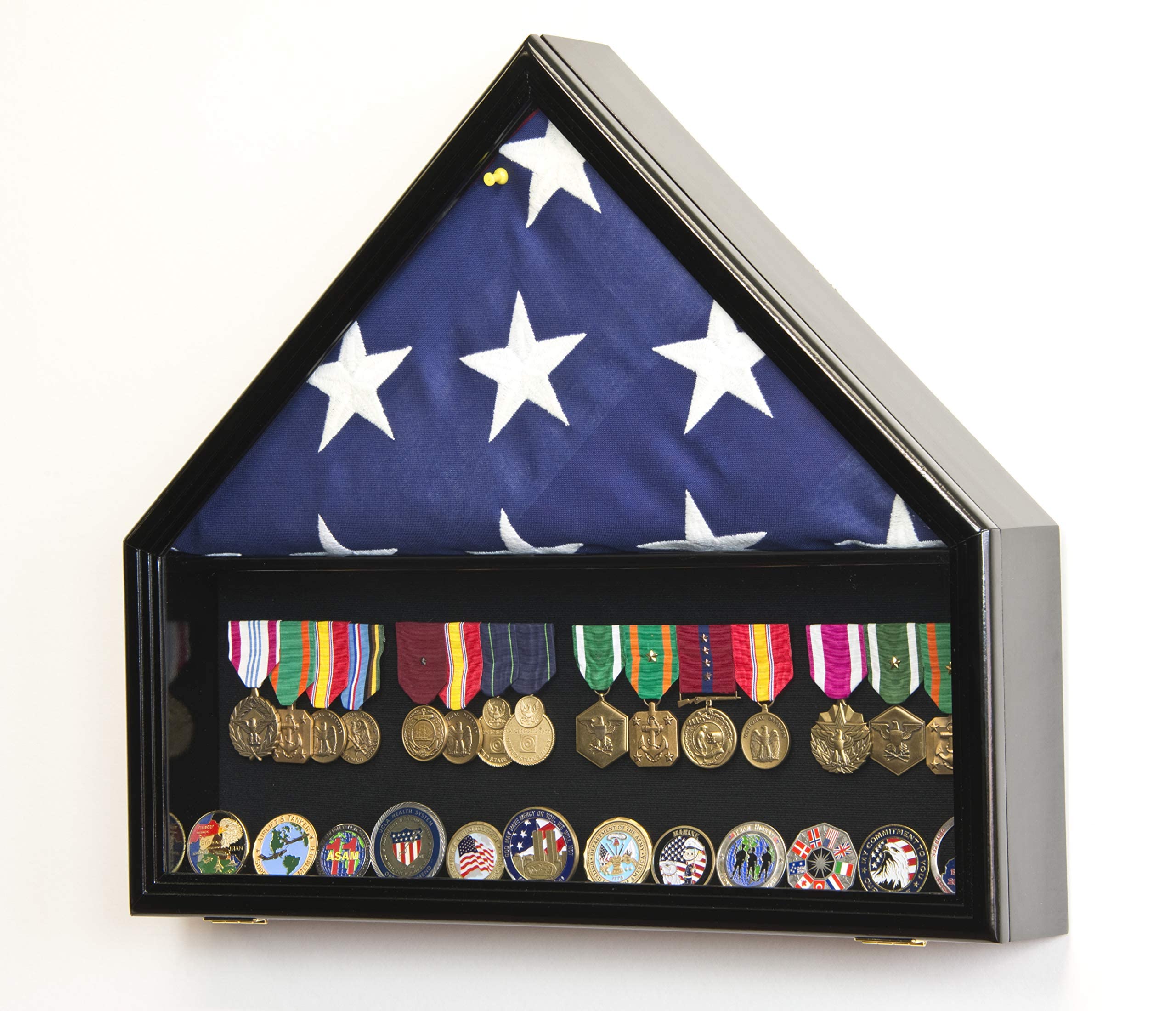 Military Display Case Cabinet Rack - Flag, Medals, Pins, Patches & Challenge Coin Organizer (Black Finish) - Perfect for Home, Office & Military Memorabilia Collection