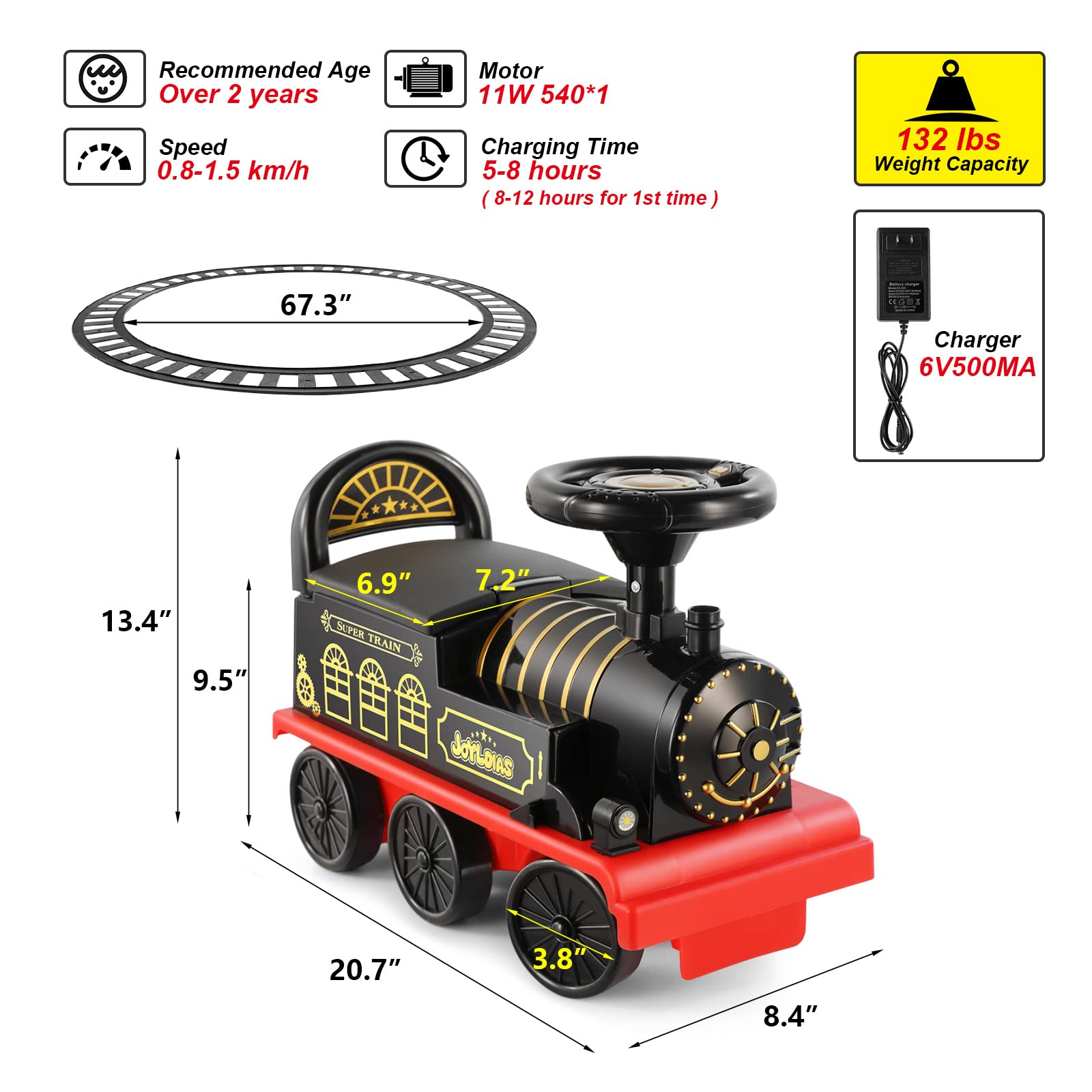 JOYLDIAS 3-in-1 Electric Ride On Train Toy for Kids with 16pcs Curved Tracks, Lights & Horns - 6V Battery Powered Toddler Train with Storage & Retractable Foot Pedals - Perfect Indoor/Outdoor Play for Children Under 39 Inches (Black)