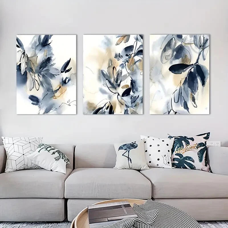 3-Piece Floral Abstract Ink Painting Metal Wall Art - Ready to Hang Home Decor for Living Room, Bedroom & Office