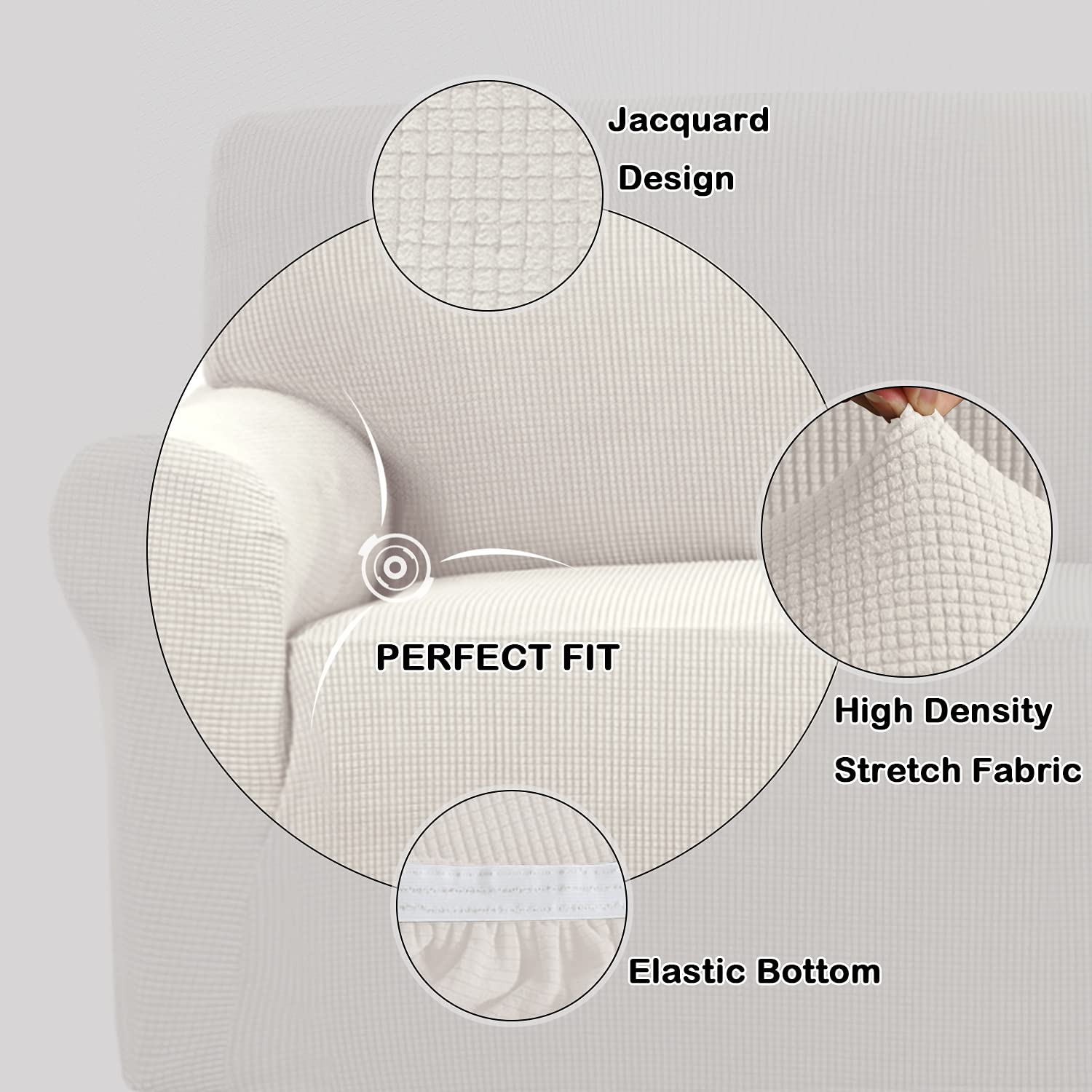 Turquoise Jacquard Stretch Sofa Slipcover - Elastic Bottom 3-Cushion Couch Cover - 1-Piece Pet-Friendly Furniture Protector for Living Room (Ivory) | Perfect for Home Decor, Pet Owners & Sofa Protection
