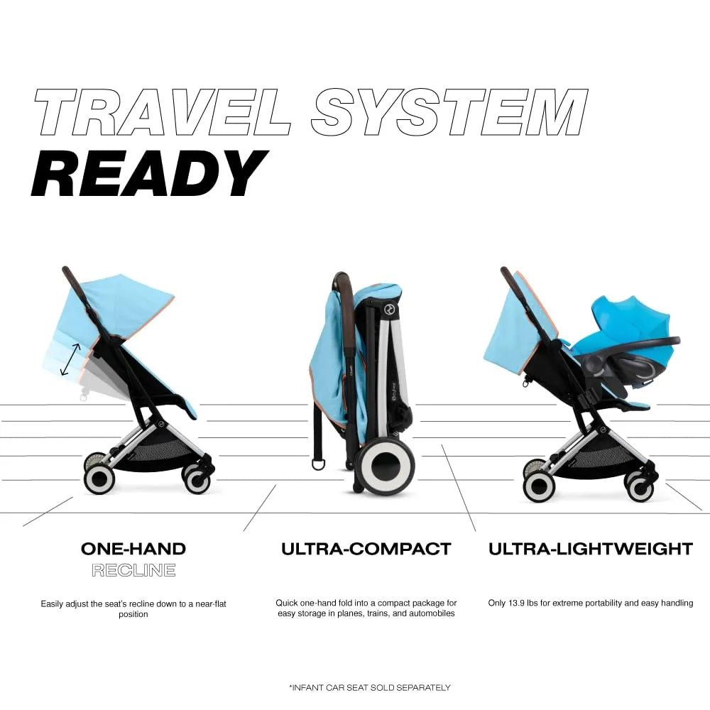 Orfeo Compact Lightweight Travel Stroller for Toddlers - Easy Fold, Portable Baby Stroller with Canopy - Perfect for Airplane, Beach, Shopping & City Walks (Beach Blue)