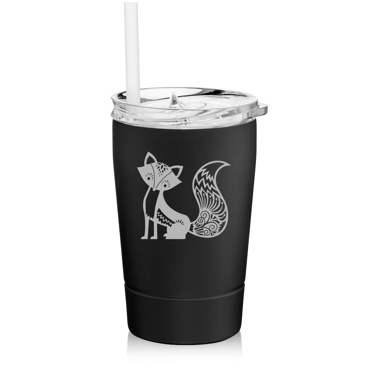 12 oz Stainless Steel Vacuum Insulated Tumbler with Straw - Double Wall Insulated Coffee Travel Mug, Fancy Fox Design (Black) - Perfect for Hot & Cold Drinks On The Go, Office, Gym, Camping