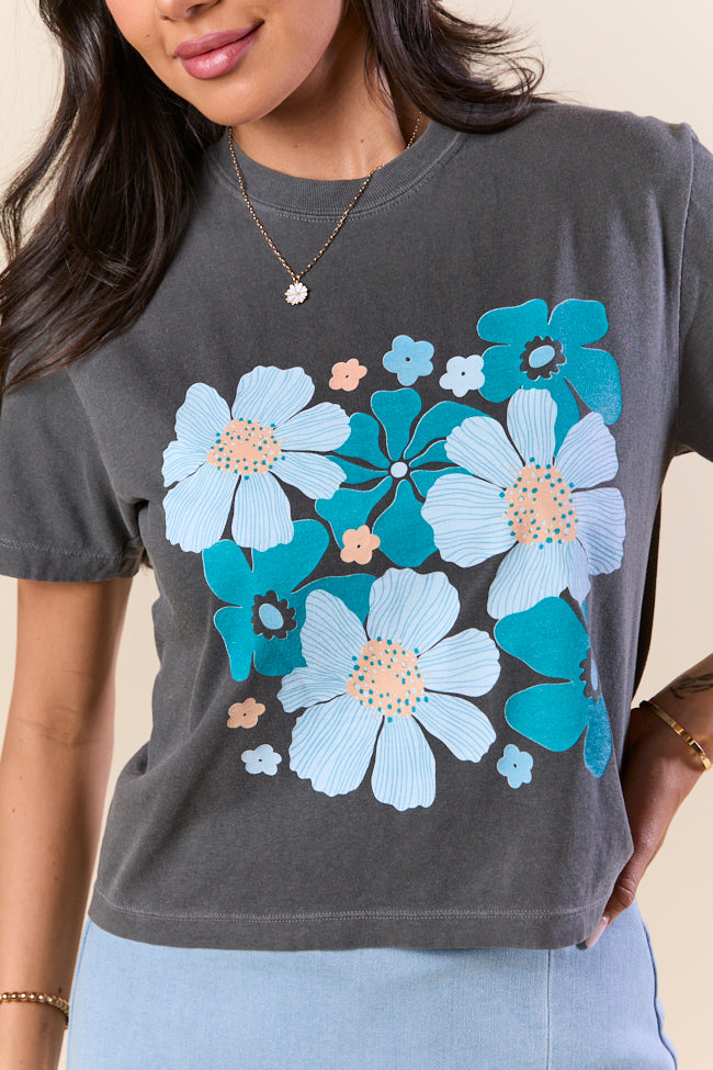 Organic Floral Print Grey Boxy Graphic Tee - Women's Casual Loose Fit Cotton Shirt for Spring Summer Outfits, Streetwear & Layering