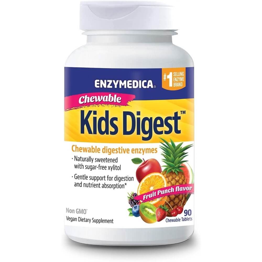 Enzymedica Kids Digest Chewable Fruit Punch 90 Chewables - Natural Digestive Enzymes for Kids - Supports Healthy Digestion & Nutrient Absorption - Perfect for Travel, School & After Meals