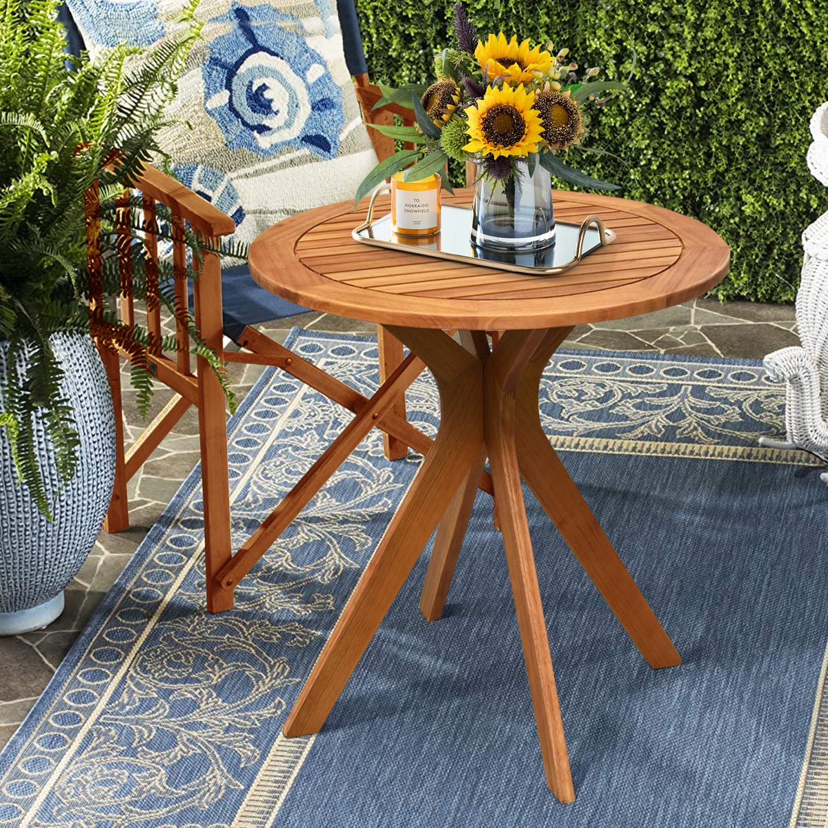Wooden Round Patio Bistro Table with X-Shaped Base - Indoor/Outdoor Side Table for Coffee, Garden, Backyard & Living Room | Durable Teak Furniture for Relaxing & Entertaining