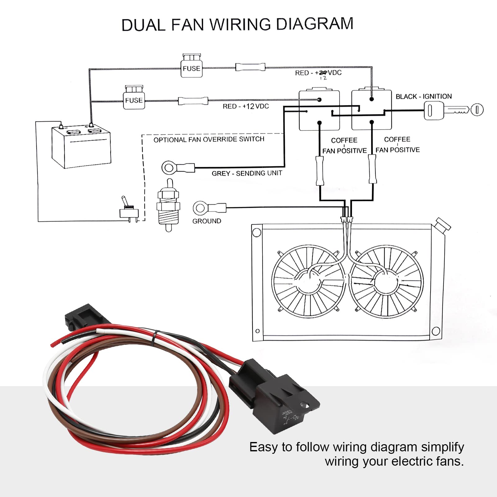 Dual Electric Cooling Fan Wire Harness Kit with 50 AMP Relay - 185°F On/165°F Off Thermostat - Universal Radiator Fan Relay Kit for Car & Truck Cooling Systems - Perfect for Engine Overheating Protection & Performance Upgrades