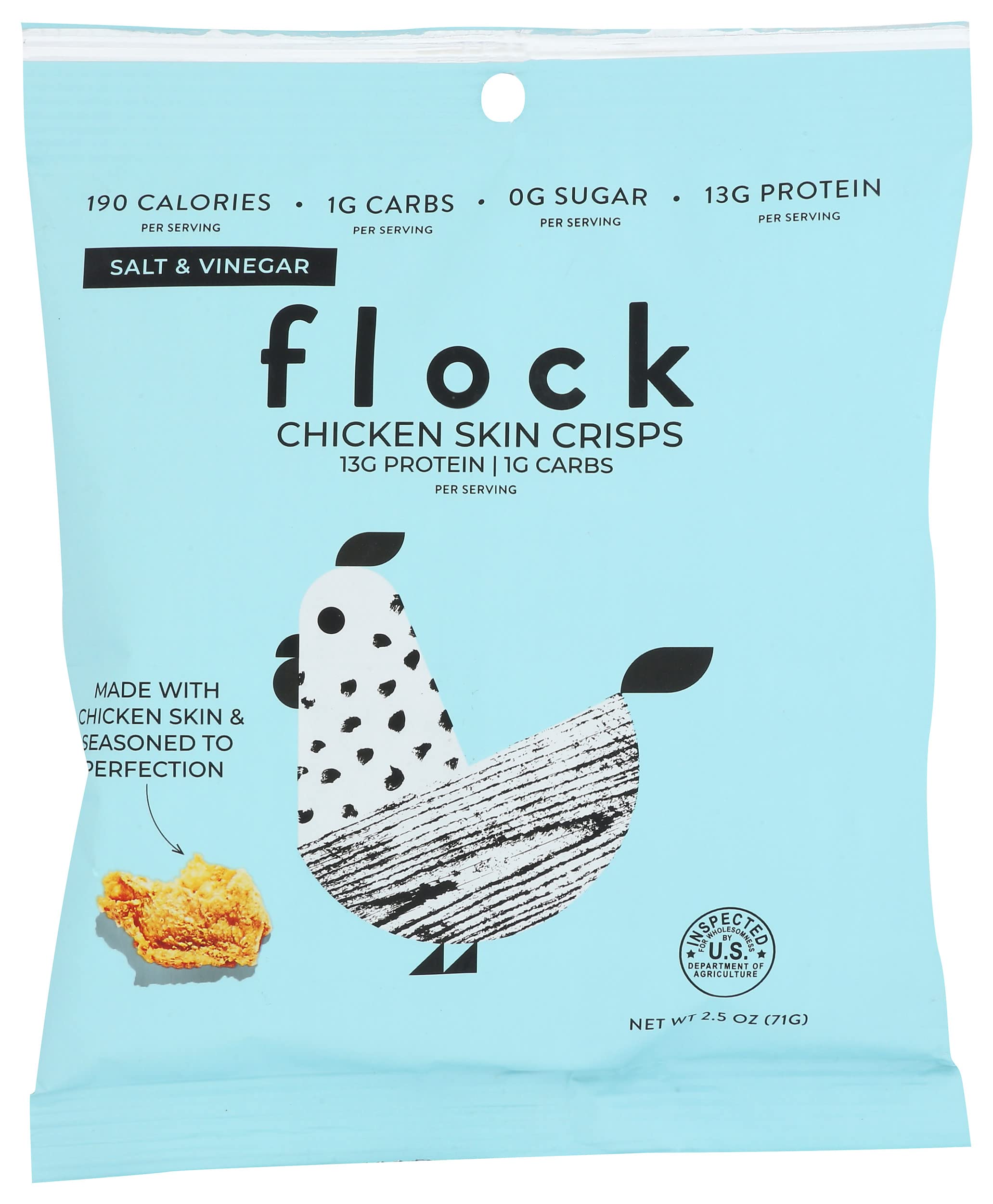 Crunchy Chicken Skin Crisps - Salt & Vinegar Flavored, High Protein (13g), Low Carb (1g), Keto & Paleo Friendly Snacks, Fried in Soybean Oil, 2.5oz Pack of 8 - Perfect for On-the-Go, Office & Keto Diet Snacking