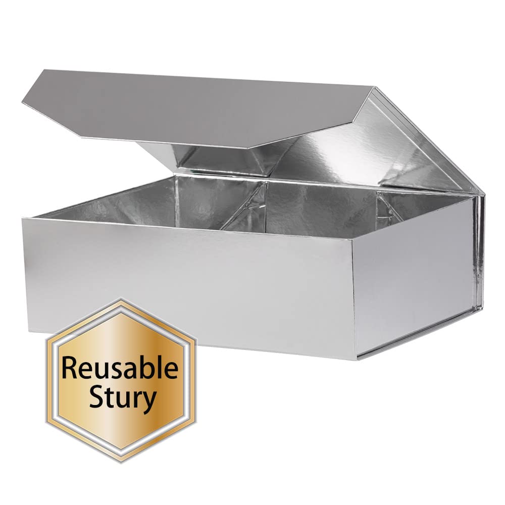 13x9x4 Inch Silver Large Gift Box with Lid - Magnetic Closure, Collapsible & Reusable Bridesmaid Proposal Box, Groomsman Gift Box for Clothes, Jewelry & Accessories (Glossy Silver) - Perfect for Weddings, Anniversaries & Special Occasions