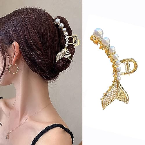 Beera 1Pcs Pearl Hair Claw Clips - Large Fishtail Hair Clamps for Thick Hair, Elegant Metal Hair Accessories for Women, Perfect for Parties, Weddings and Everyday Styling