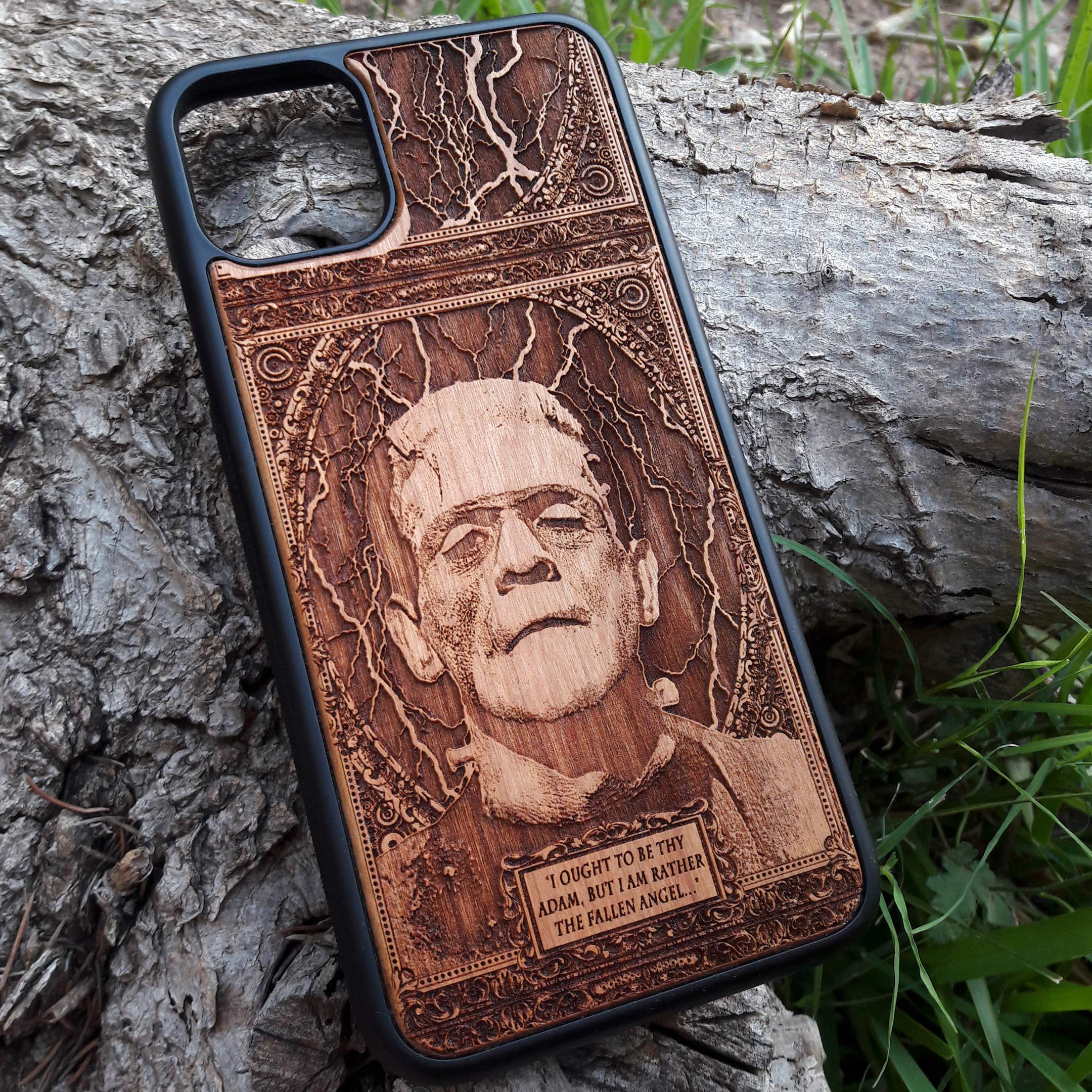 Frankenstein Laser Engraved Wood Phone Case - Compatible with iPhone 16/15/14/13/12/11 Pro Max/Mini & Galaxy S25/S24/S23/S22/S21/S20 Ultra Plus - Eco-Friendly Slim Durable Wooden Cover for Everyday Protection & Style